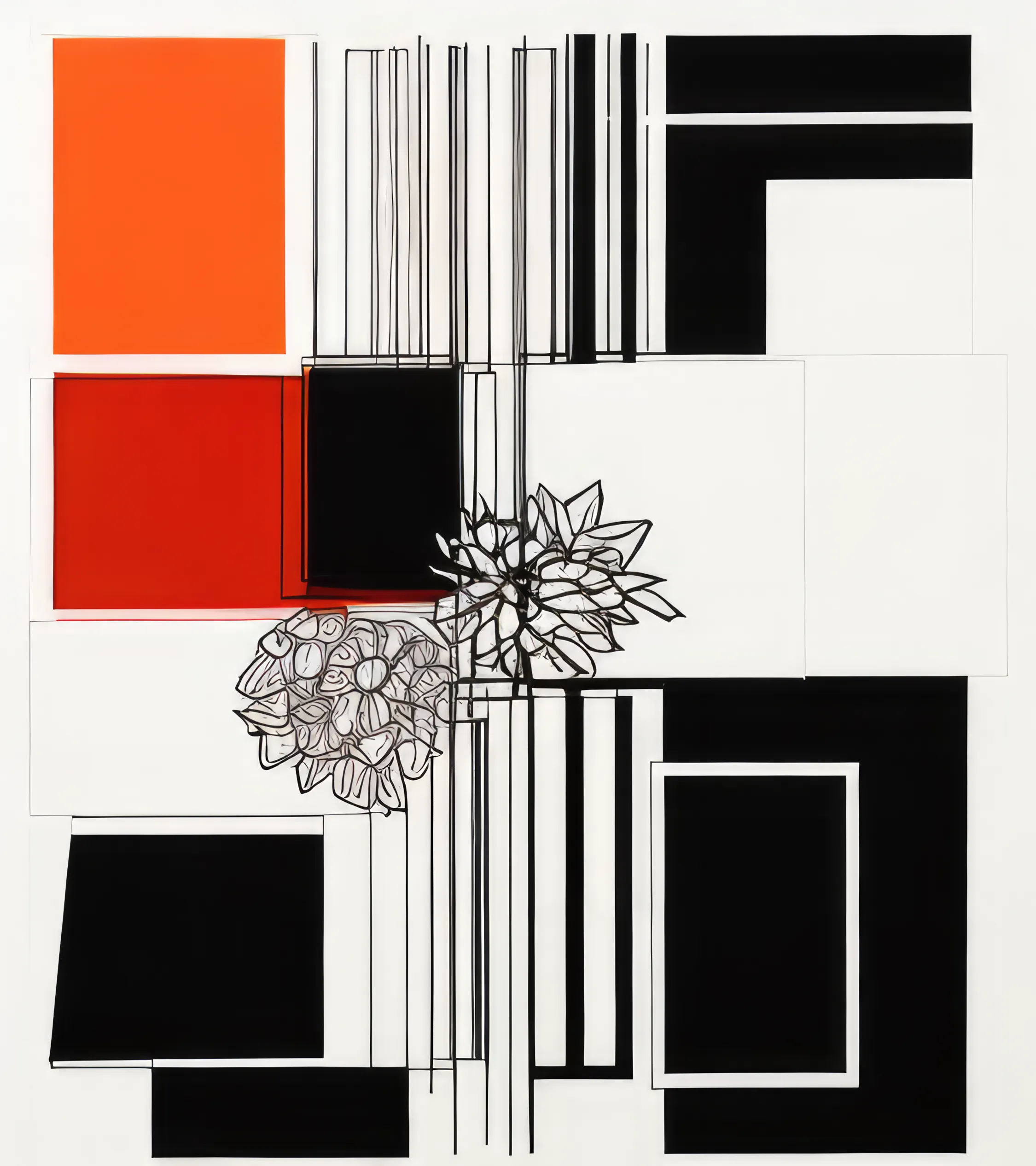 "Peerless Wanderer," it's called, a curious title for a canvas that refuses to play by the rules. 

This isn't just a painting; it's a cosmic joke. It’s as if the universe played Tetris and grew bored, leaving behind a game board with a botanical hiccup. The colors shout: a red square screams of love or war or both, an orange rectangle whispers of tangerine summers long gone, and amidst them all, the flowers, black as the vacuum of space, intricate as a spider's love affair with a web.

The old man might lean in, squint an eye, and say, “Notice the way the flowers seem to be sneaking off the edge, like a bandit in a silent movie? They’re wanderers alright, not quite belonging in this geometry textbook masquerading as art. They're the outcasts, the misfits, the ones who didn't get the memo about the dress code.”

"Peerless Wanderer" is a paradox, an ode to the one that got away, the individuality in us all.