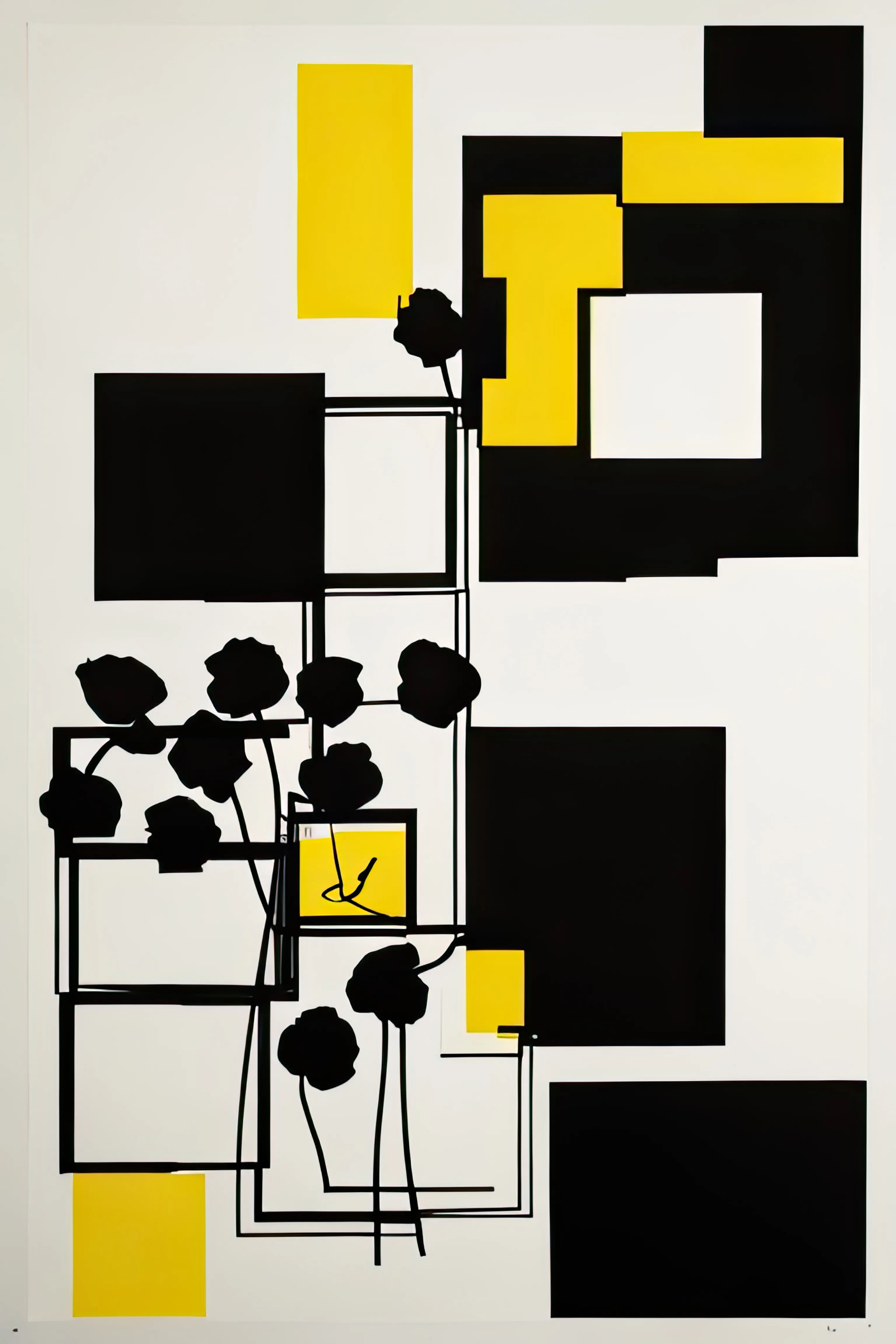 You see this? It's not just math or paint on canvas. It's more like a private joke between two people, one of whom isn't here anymore. The yellow—that's her laughter, bright and clear, cutting through the worst of days like sunlight through a dirty window. It’s the kind of color that refused to let you frown, the way she never did.

The black squares and rectangles, those are the days without her, the voids where her voice ought to be. Each one's a different size because that's how loss works—it's never the same two days in a row. Sometimes it's a tiny spot on the horizon, sometimes it's a whole damn night sky.

And the roses, those are for the romance that never did die, even if she did. They're black because, well, that's grief for you. It takes the most vibrant, living thing and makes a silhouette out of it. But they're still roses because love doesn't stop when someone's gone; it just changes color.

Is there a reason we're keeping time? Maybe, but it's there to remind you that time doesn't care about any of this. It's the most indifferent thing there is. The hands are frozen because for me, time stopped the day she left.

What do I want you to feel? Hell, I don't know. Sad, maybe, but not just that. I want you to see the love and the laughter there too. I want you to understand that this isn't just mourning. It's a celebration, a eulogy, an elementary composition of what was and what still is, in my head. It's the memory of her, and it's as close as I can get to having a conversation with her again. So take a look, and feel whatever you feel. That's what she would have wanted.