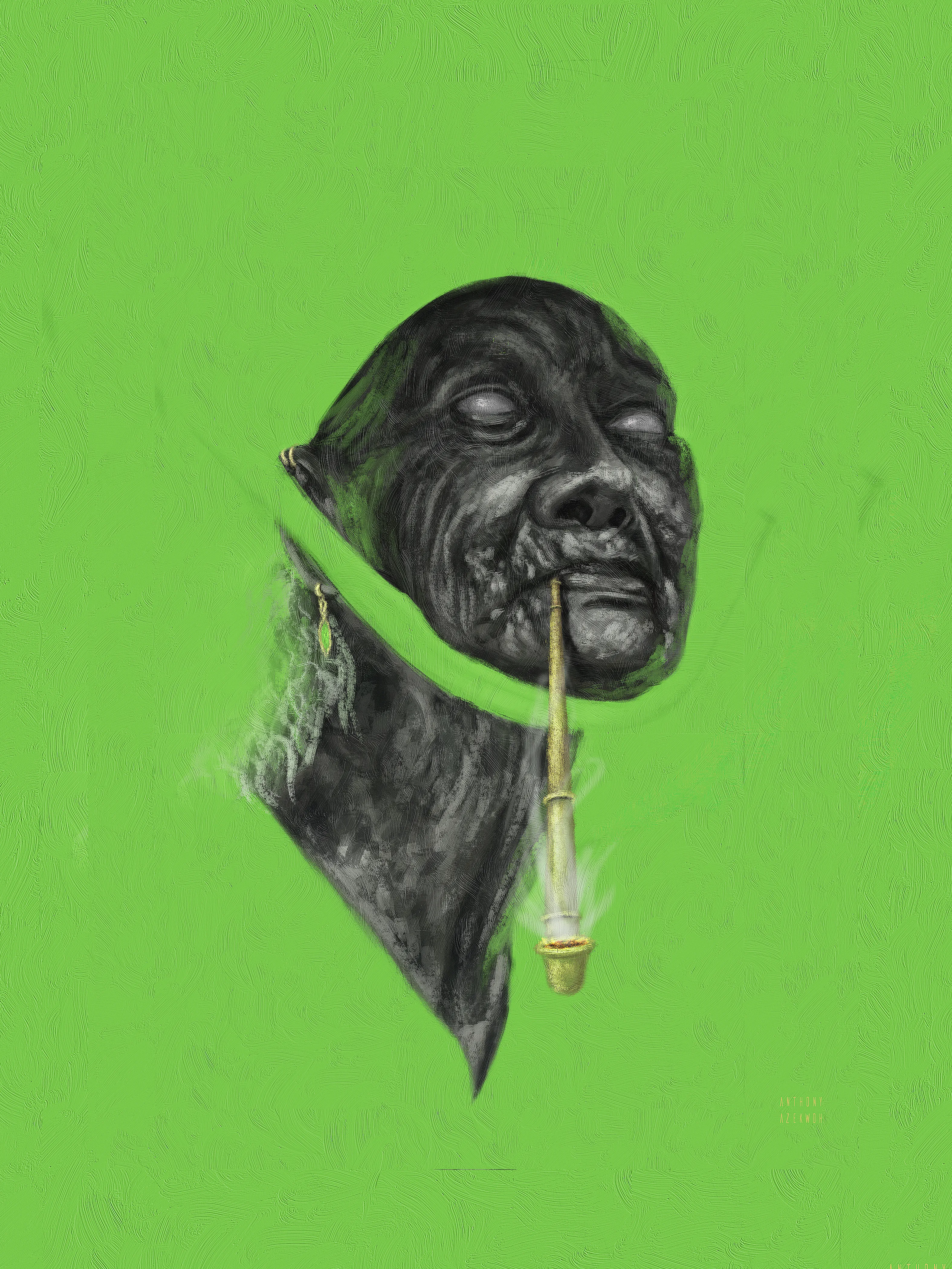Something about old age has always interested me. When I painted The Jade Woman, I imagined an antithesis to The Red Man, since they're opposites on the colour wheel, after all. She, to me, embodied a quiet grace I had always observed in the elderly, and it was inspiring. Smoking her pipe, I imagined her looking up, to infinity.