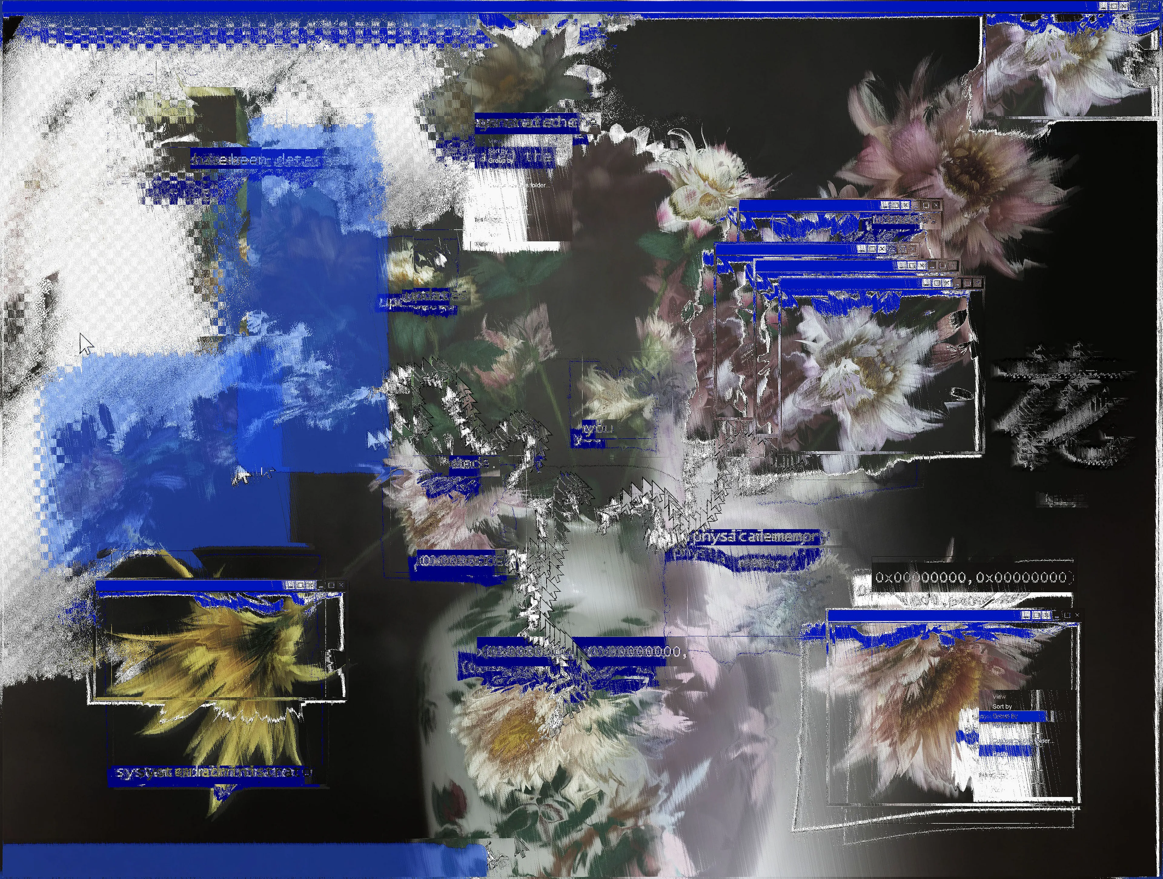 A bouquet of flowers in a vase has frozen in an eternal sleep, disintegrating into digital pop-ups, as if flipping through the pages of endless code. Computer cursors entwine the fragile stems, creating an image of an eternal digital web. It raises questions about time, the immortality of digital artifacts, and how real life intertwines with the virtual, leaving a mark in digital space. The flowers, as if imprinted in the computer's memory, become a symbol of both instability and, at the same time, eternity.