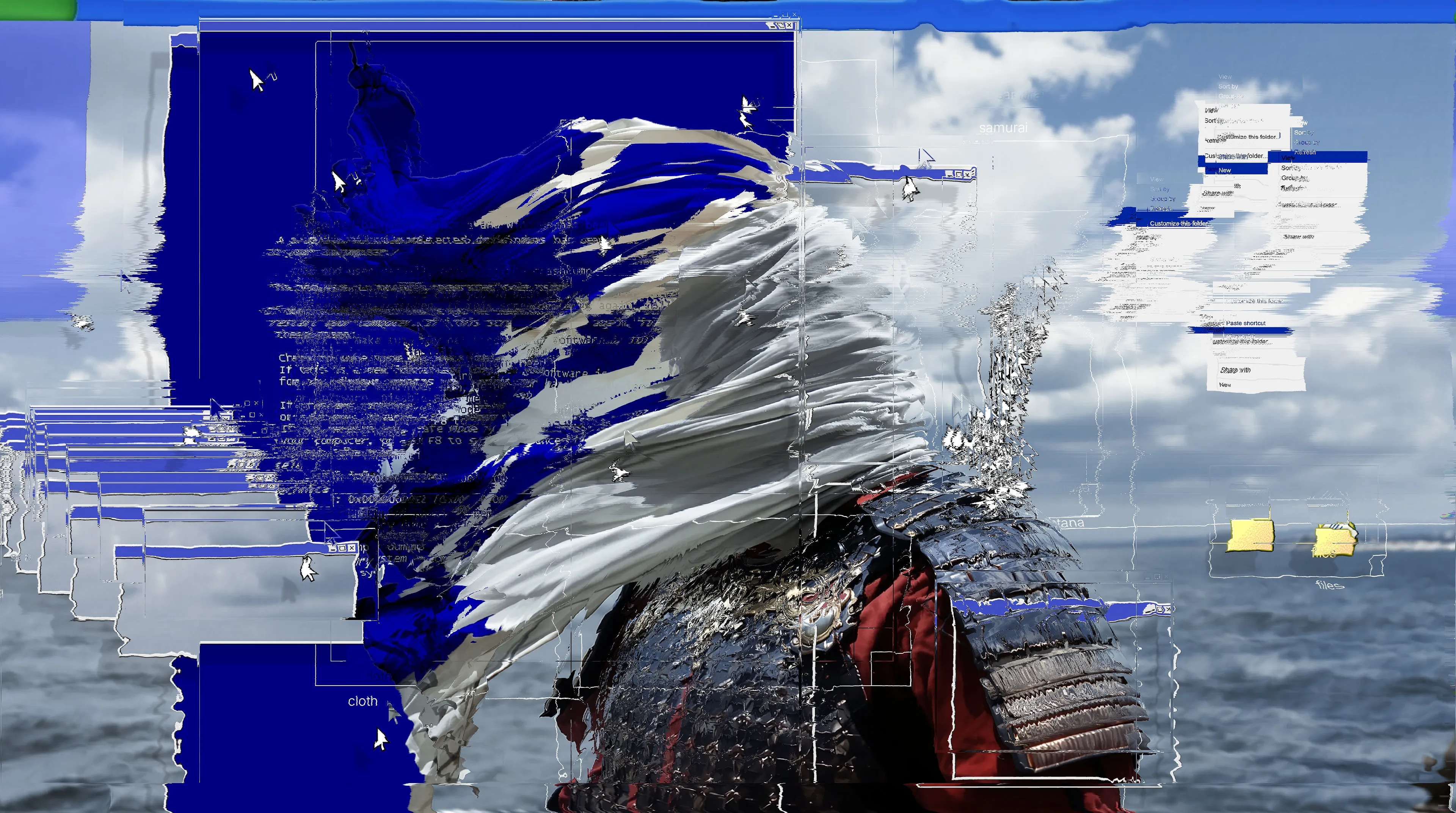 The figure in armor, enhanced by digital artifacts, symbolizes a person balancing between tradition and innovation. Like a modernized warrior, it battles the flows of information and the challenges of the digital age. The space surrounding this figure resembles an operating system interface, pointing to the virtual dimension in which we all exist in the contemporary era.
The work addresses the question: how do technologies transform our perception of culture, history, and aesthetics? It is both a nostalgic nod to the early 2000s and a forward-looking perspective on digital art as a tool for exploring identity and time.
