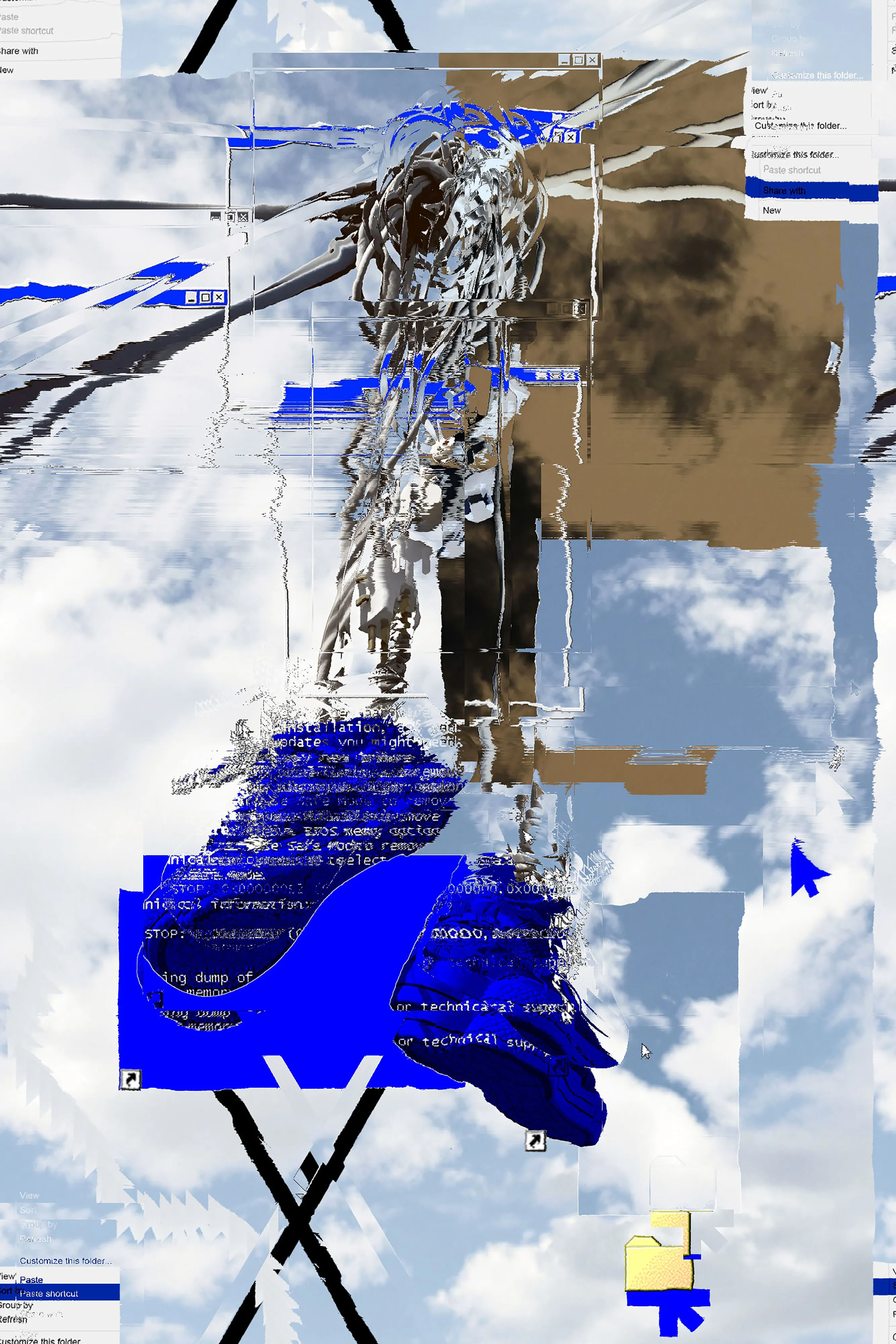 The hanging sneakers are a metaphor for the modern state of society, balancing between the physical and the digital. They appear frozen in time, suspended on wires that symbolize not only communication but also the chaos of information flows surrounding us in the era of digitalization. The deep blue color references the "blue screen of death," a characteristic element of Y2K aesthetics, evoking both nostalgia and anxiety about the technological future.
