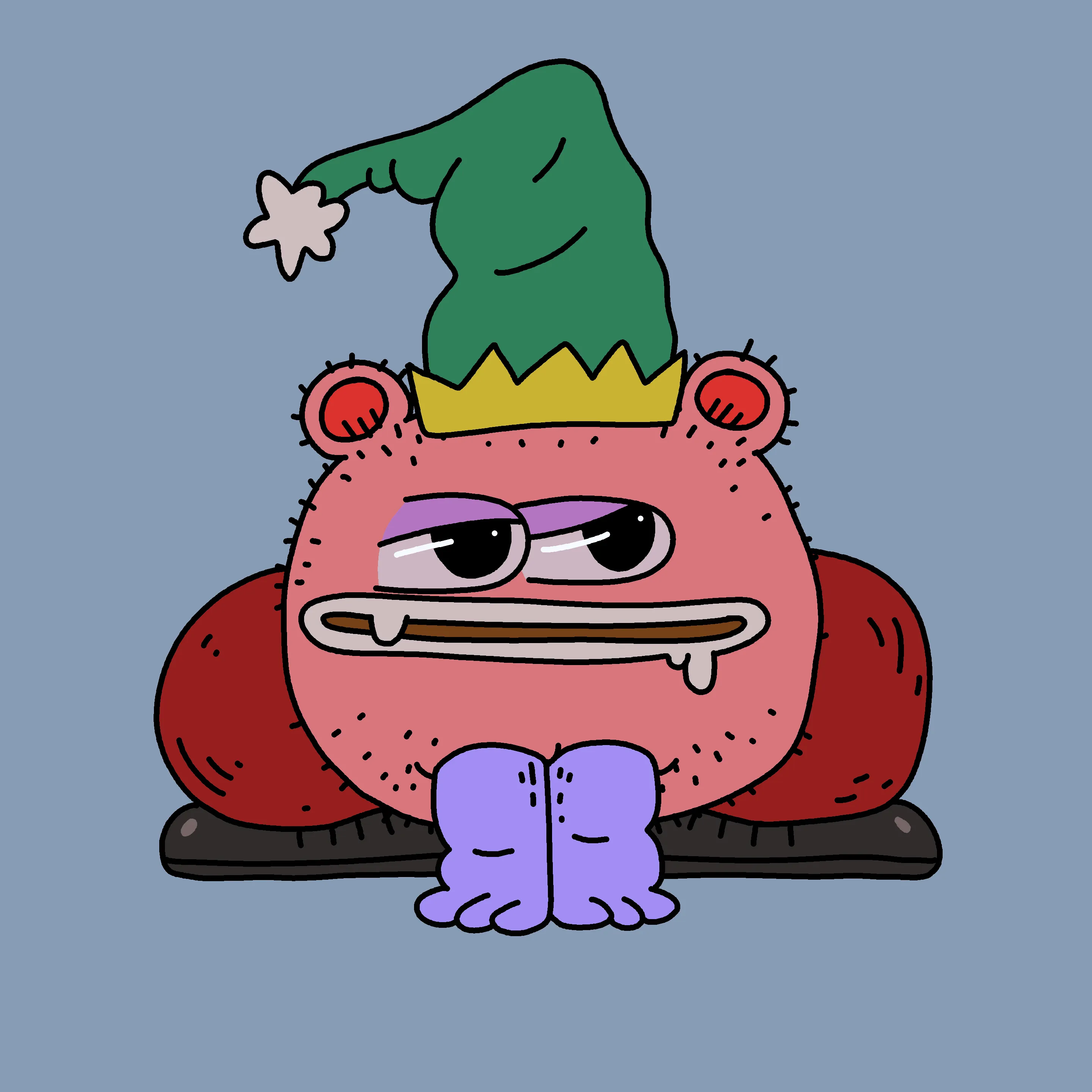 A festive, warty, amphibious creature spawned from the metaverse in the holiday season of 2021