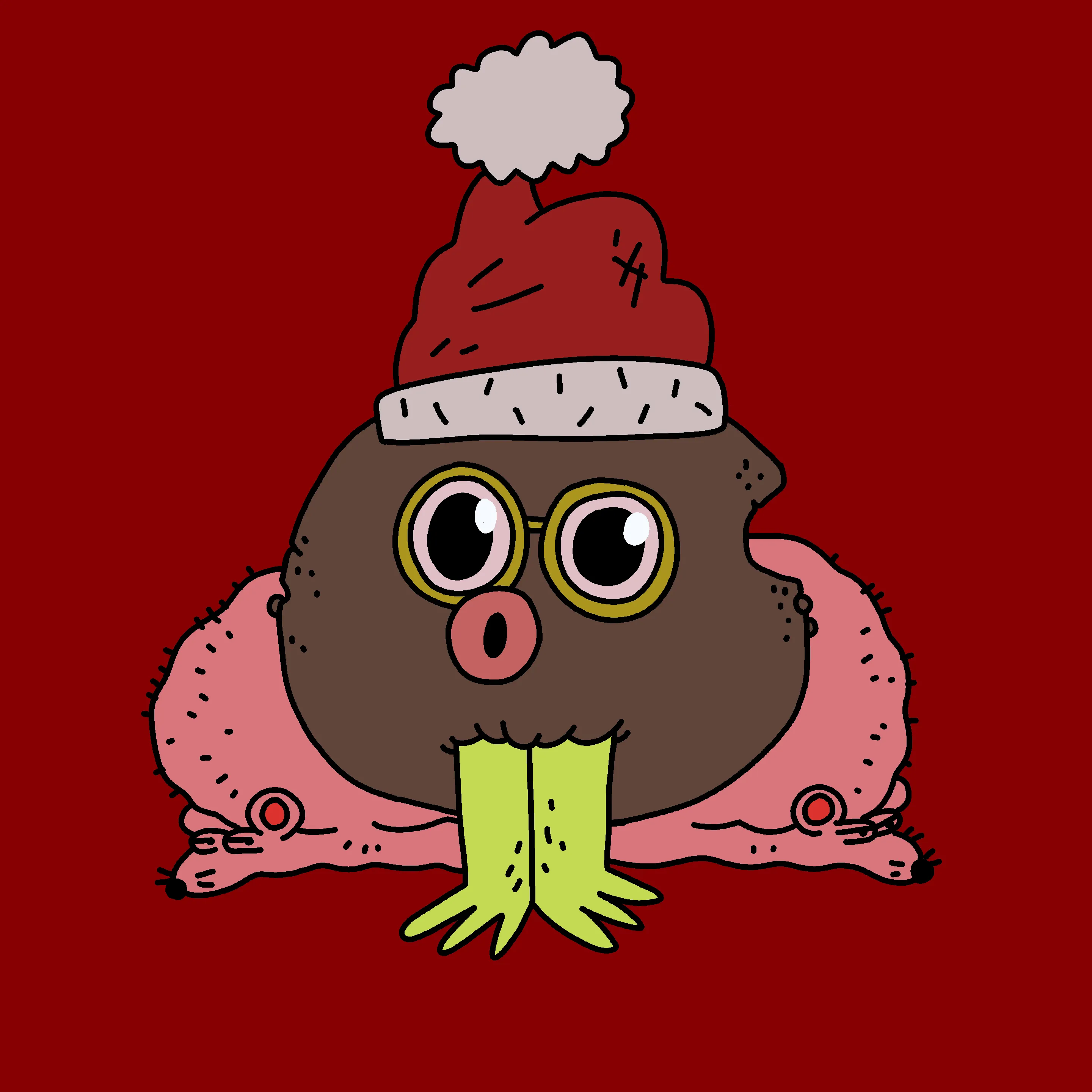 A festive, warty, amphibious creature spawned from the metaverse in the holiday season of 2021