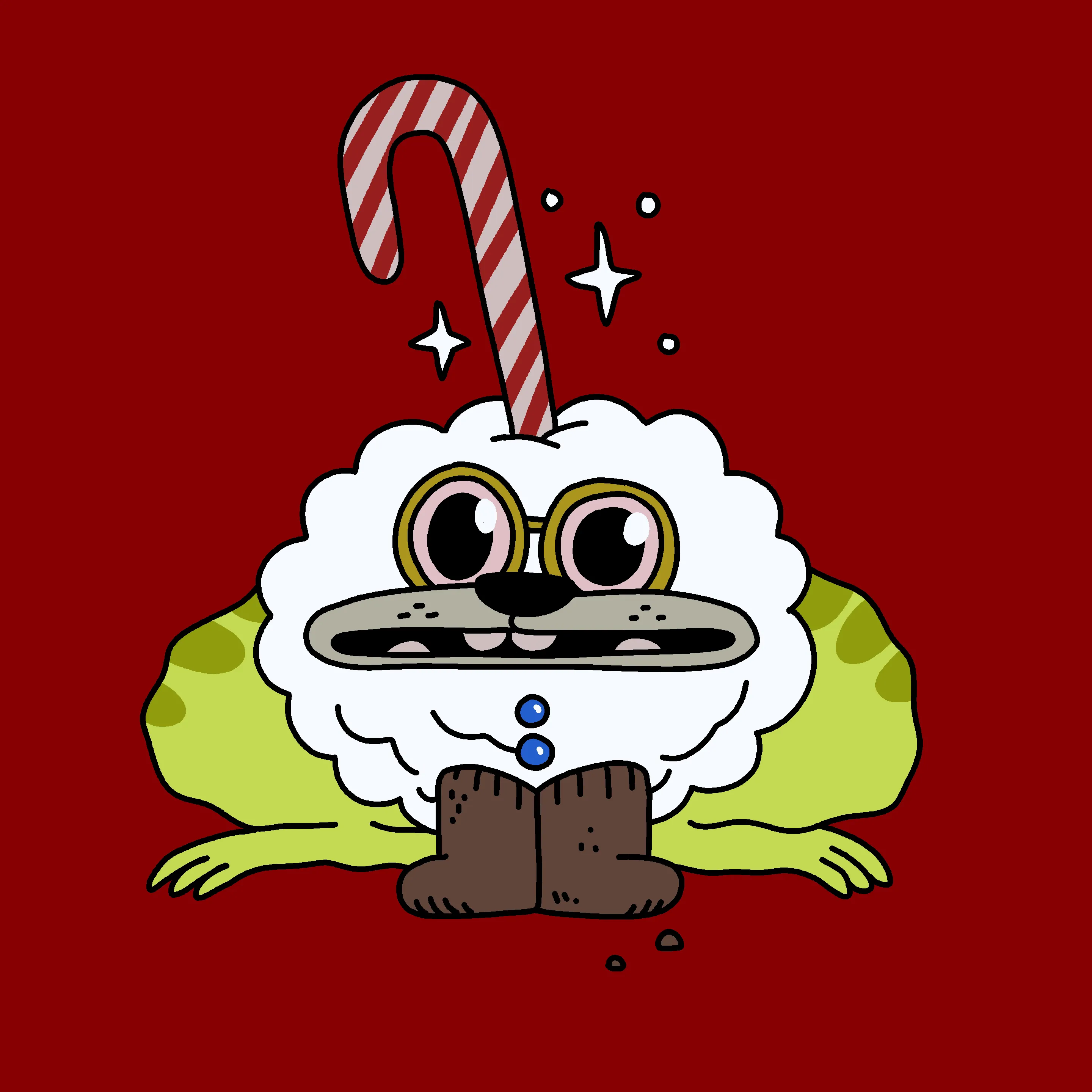 A festive, warty, amphibious creature spawned from the metaverse in the holiday season of 2021