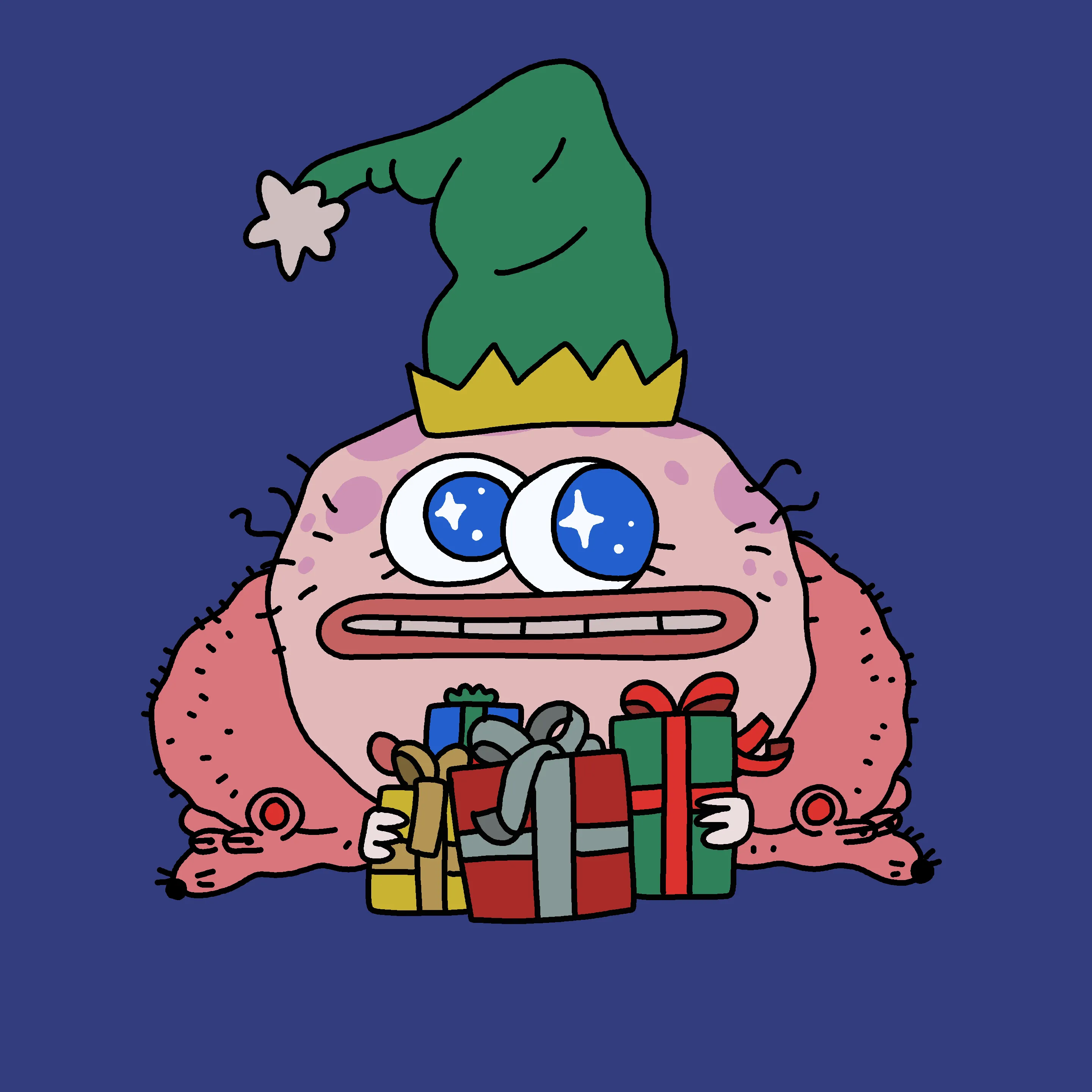 A festive, warty, amphibious creature spawned from the metaverse in the holiday season of 2021