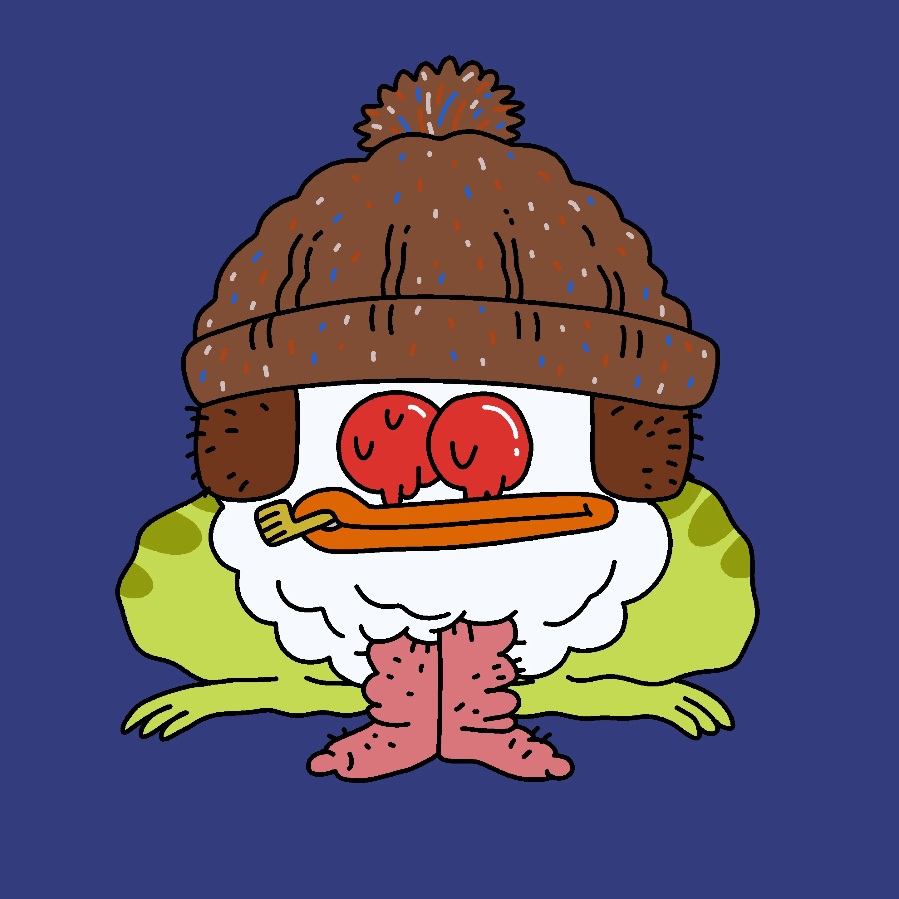 A festive, warty, amphibious creature spawned from the metaverse in the holiday season of 2021