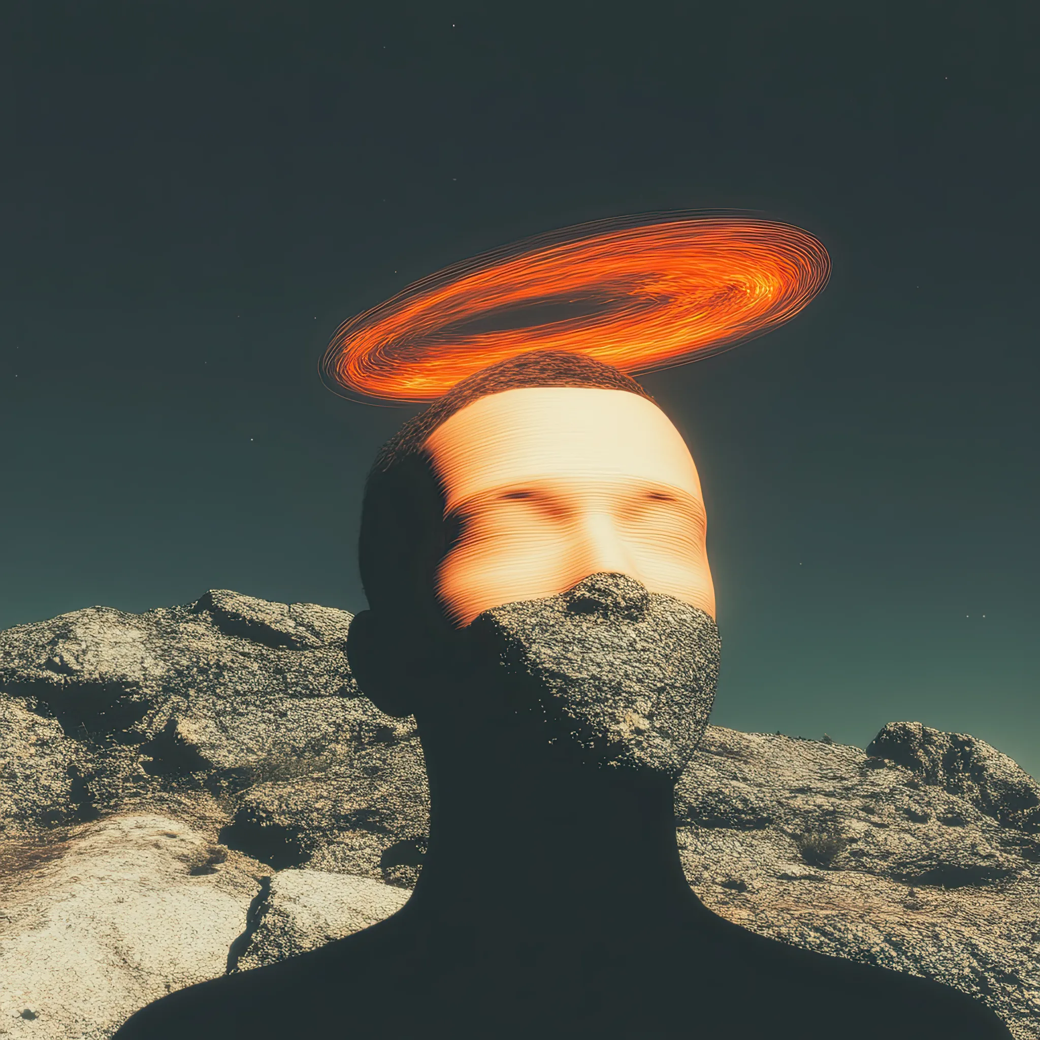 A rocky silence encases the lower half of a face, turned sacred by an orange halo of disintegrating memory. He speaks only through erosion.
Mythic Role: Guardian of Unuttered Grief
Belief System: Pilgrims come to him to forget. Each prayer is a subtraction.
Totemic Feature: Dissolution Ring
Mouth Symbolism: Buried Mouth
Color Scheme: Ash Granite + Memory Flame