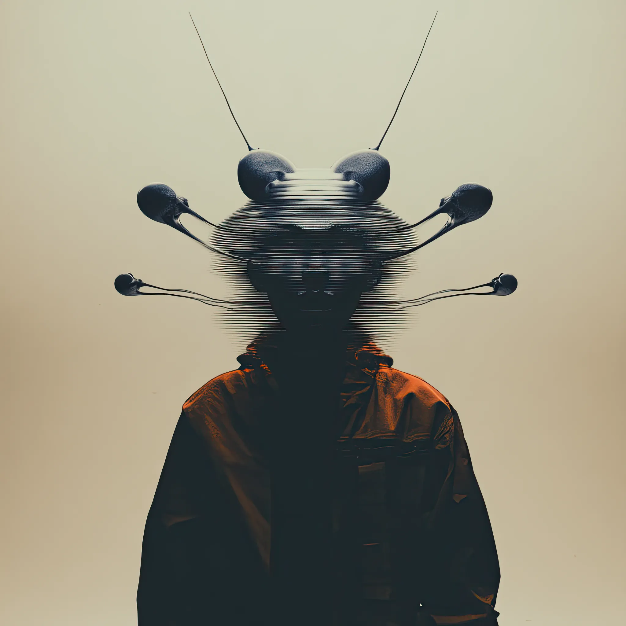 Its skull extends in antennae-like limbs, with ripple distortion across the face. It exists halfway between thought and interference.

Mythic Role: Technician of Fractured Signals
Belief System: Glitches are interpreted as gospel. Noise is sacred.
Totemic Feature: Broadcast Antennae
Mouth Symbolism: Erased
Color Scheme: Surveillance Beige + Obstruction Black