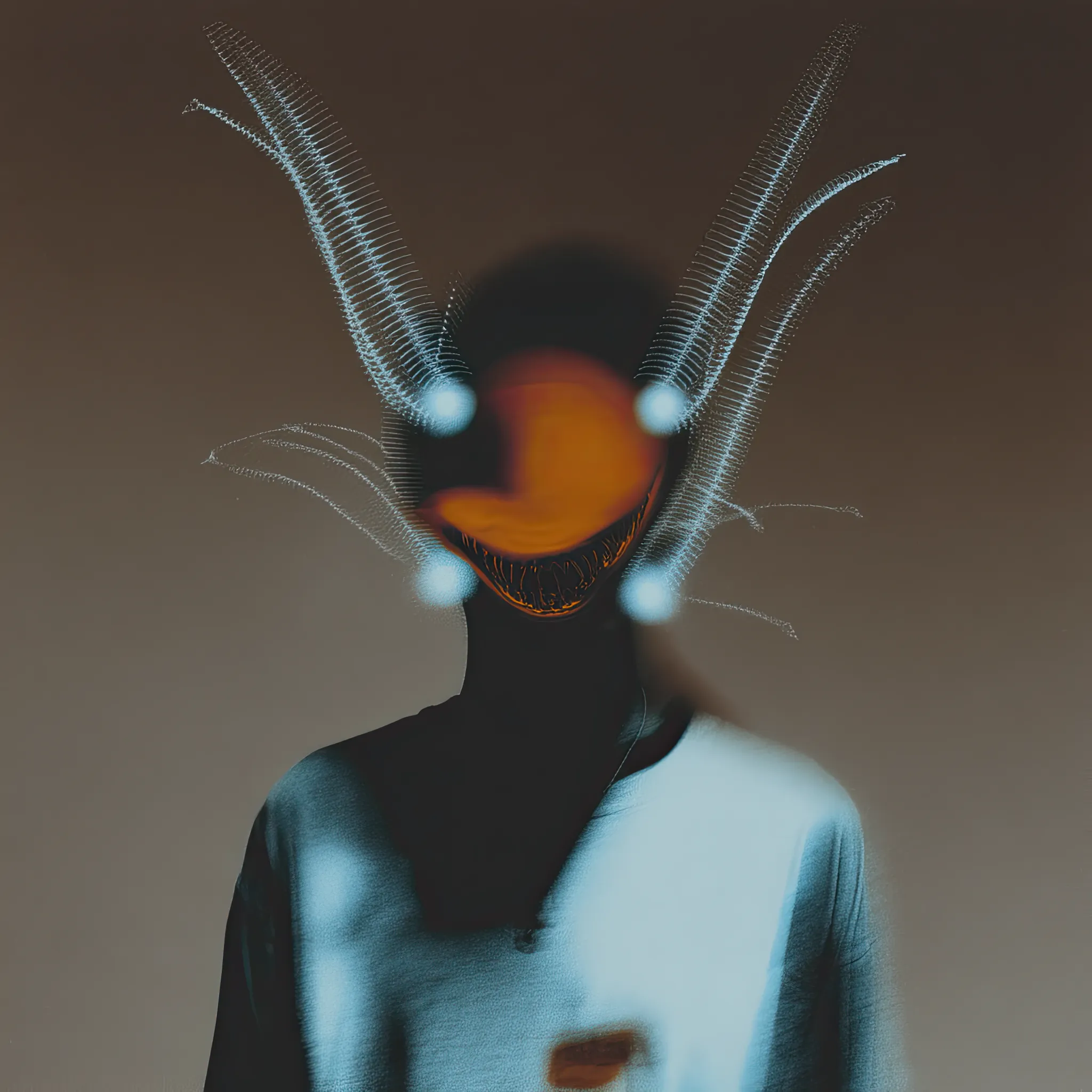 Its mouth forms a curve too perfect, surrounded by gill-like whiskers of signal light. A predator designed for mimicry, not consumption.
Mythic Role: Lure of False Joy
Belief System: Feeds on the dopamine of the easily amused. Devotion measured in scrolling time.
Totemic Feature: Neural Whiskers
Mouth Symbolism: Permanent Curve
Color Scheme: Infrared Smile + Bioluminescent Cyan