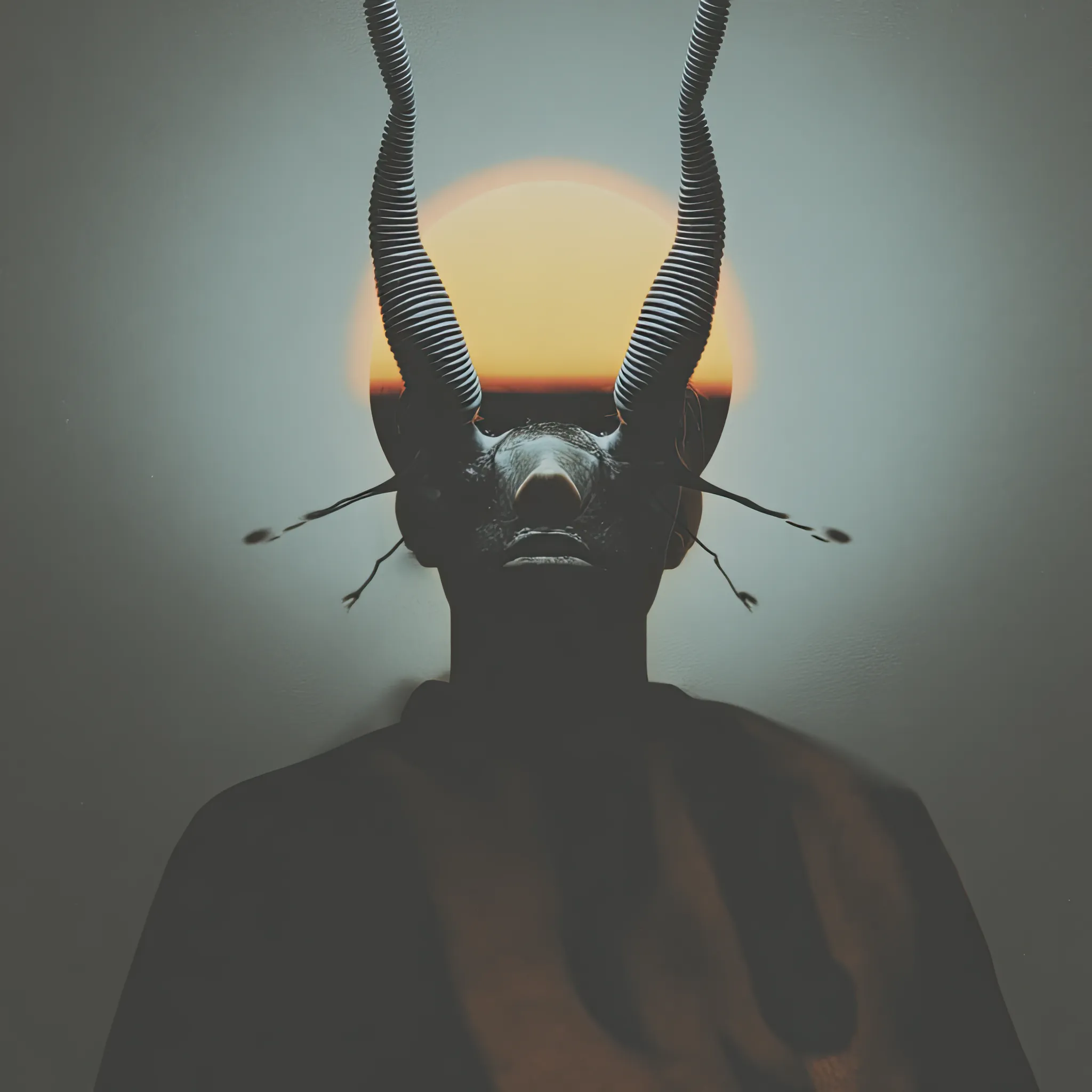 Tubular horns spiral outward as antennae drift. A sunrise masks the eyes, implying clarity while obstructing it.
Mythic Role: Seer of Partial Dawns
Belief System: Believed only during liminal hours—twilight or dawn.
Totemic Feature: Helix Horns
Mouth Symbolism: Unopened Oracle
Color Scheme: Solar Bloom + Dark Resin