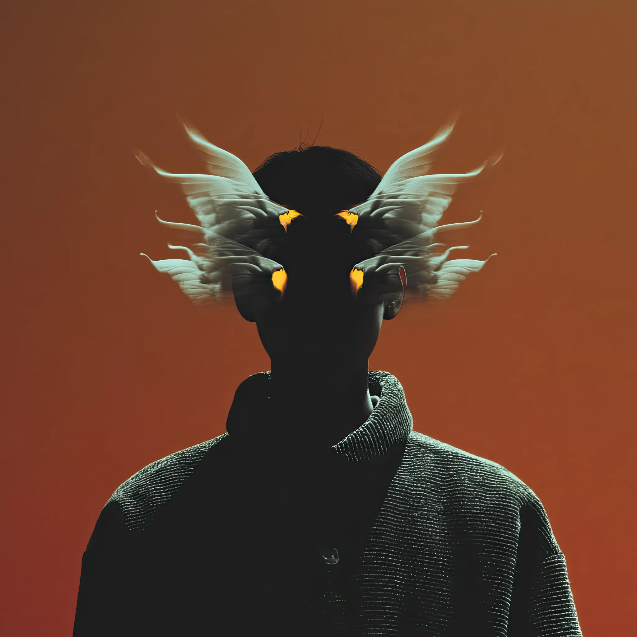 Feathered wings burn through the temples—grace as violence, symmetry as entropy. This is not an angel, but the fossil of one.
Mythic Role: Muse of Misremembered Transcendence
Belief System: Worshipped by those who forget they once believed.
Totemic Feature: Flame-Wings
Mouth Symbolism: Absent / Unformed
Color Scheme: Emberfall Orange + Silhouette Charcoal