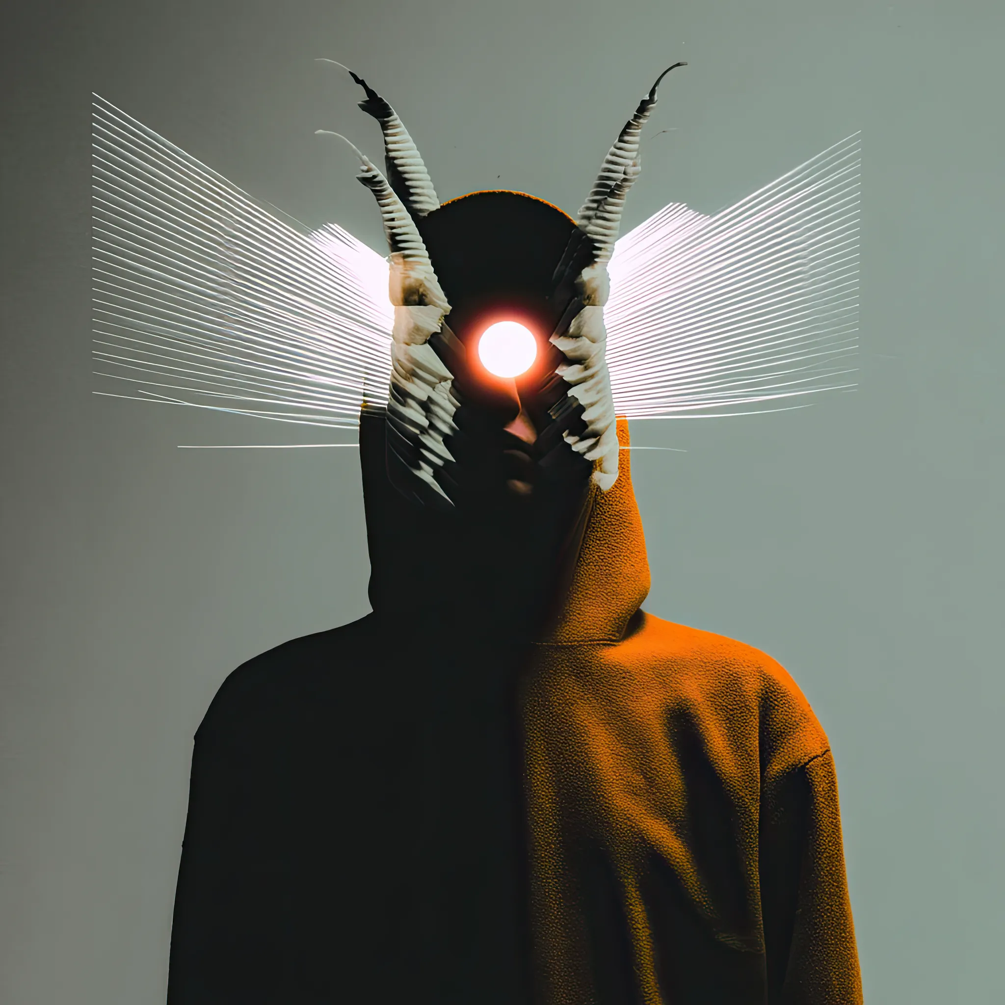Twin horns split around a searing light centered in the face. Wings of clean data feather outward, slicing the image with impossible symmetry.
Mythic Role: Illuminator of Splits
Belief System: Followed by those seeking binaries: light/dark, true/false, 0/1.
Totemic Feature: Winged Luminance
Mouth Symbolism: Hidden under Radiance
Color Scheme: Bright Ash + Cardinal Orange