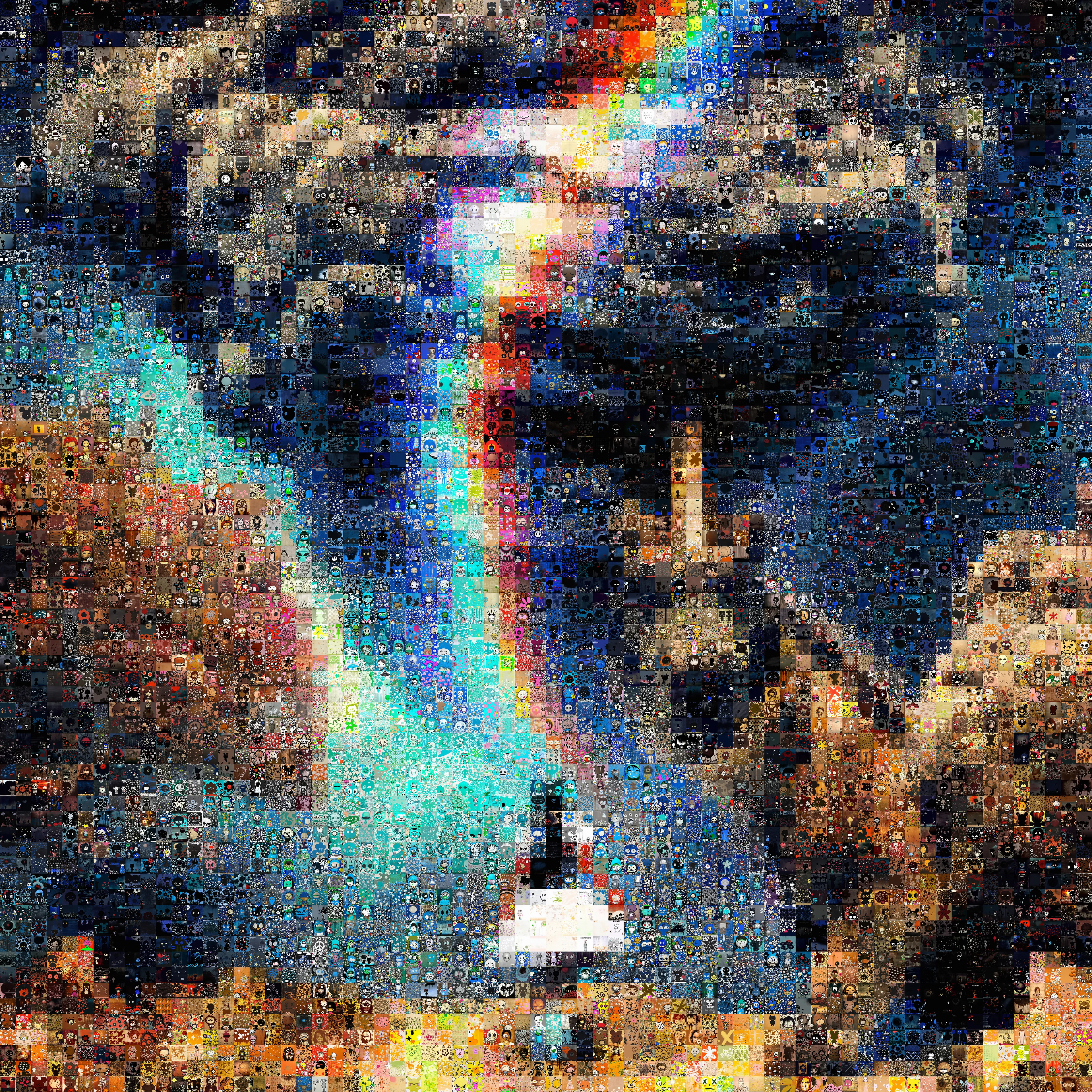 Introducing Somewhere, a new Megapixels artwork.\n\nLove for disenfranchised and marginalized people is the central theme to my art. This piece features Dorothy walking towards a tornado illuminated by a rainbow.\n\nI'm drawn to the Wizard of Oz because of my love for the Tin Man, Cowardly Lion and the Scarecrow, who believe they are inadequate. However, it's Dorothy's love and compassion towards her friends that make's the story so important to me. \n\nMy Megapixel collection is composed of images made from adorable AI-generated tiles that I cheekily nicknamed "Bushis".\n\nWith Megapixels, I seek to bring a touch of nostalgia to the constantly evolving intersection of art and technology: the sharp, geometric tiles both evoke traditional pixels while showcasing miniature, fully-formed works of art.\n\nSomewhere is made from just about 5,000 of these Bushi tiles.