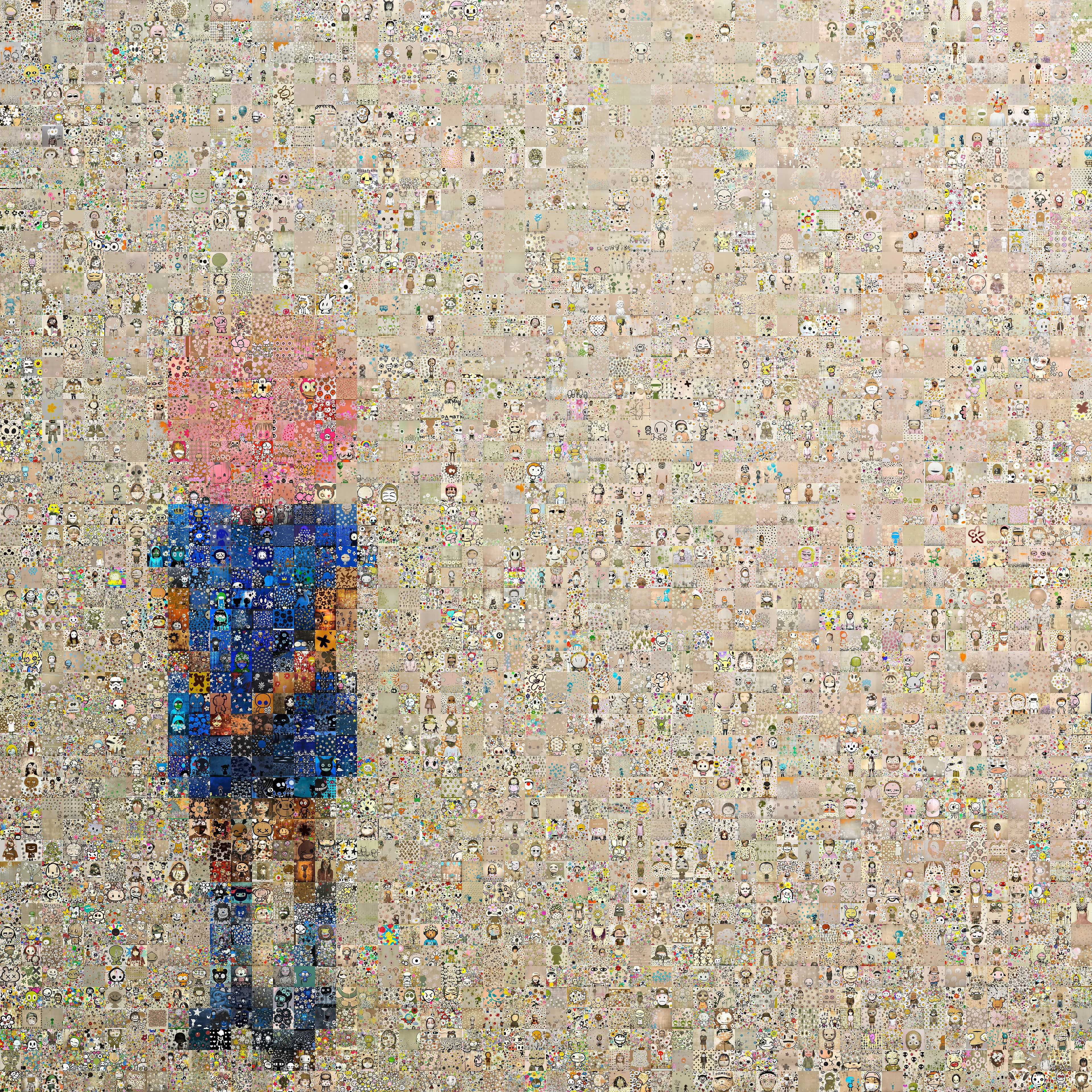 1 of 1 Wubbushi MegaPixels.\n\nIntroducing Invisible, a new MegaPixels artwork by Wubbushi.\n\nLove for disenfranchised and marginalized people is the central theme of Wubbushi's art. This piece features a girl wearing a blue jumper, cute shoes with knee high, and her face as a pink void. \n\nThe Megapixel collection is composed of images made from adorable AI-generated tiles, cheekily nicknamed "Bushis".\n\nHere, Wubbushi brings a touch of nostalgia to the constantly evolving intersection of art and technology: the sharp, geometric tiles both evoke traditional pixels while showcasing miniature, fully-formed works of art.\n\nInvisible is made from thousands of these Bushi tiles.\n\nDownload the full 20,000 x 20,000 pixel original file at https://invisible.orvylle.xyz/