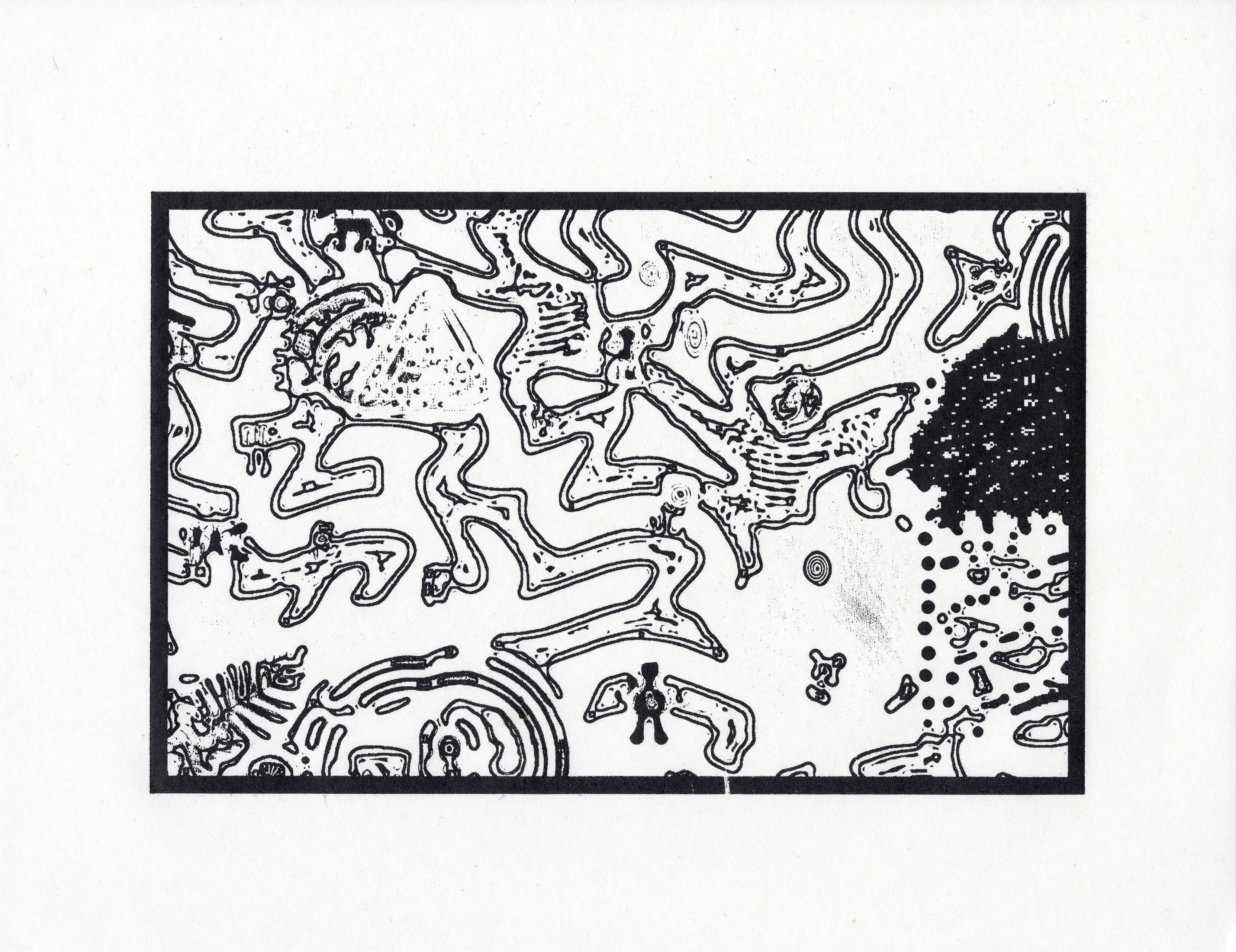 Travess Smalley’s _KICK-NELINE_ print features an area of a generated level created by his _CRAWL_ Python code. The colors within the original map have been flattened and thresholded to black-and-white values. Unlike more traditional prints, where one woodblock is used to create multiple prints in an edition, Smalley uses each woodblock to pull only one print, making each a unique object. _KICK-NELINE_ is the result of a transformation from pixels, to cut wood, to ink on paper; as an object, it spans thousands of years of image-reproduction technology. Collected prints also include the corresponding digital image sent to the collector’s digital wallet. (This is the image that was used to create the print. It is inverted (black is white, and white is black) because of how the printing process works.)u003cbru003eu003cbru003eIf you collect _KICK-NELINE_, please make sure to add your email and shipping address to your Feral File account and we’ll be in touch about shipping the artwork.