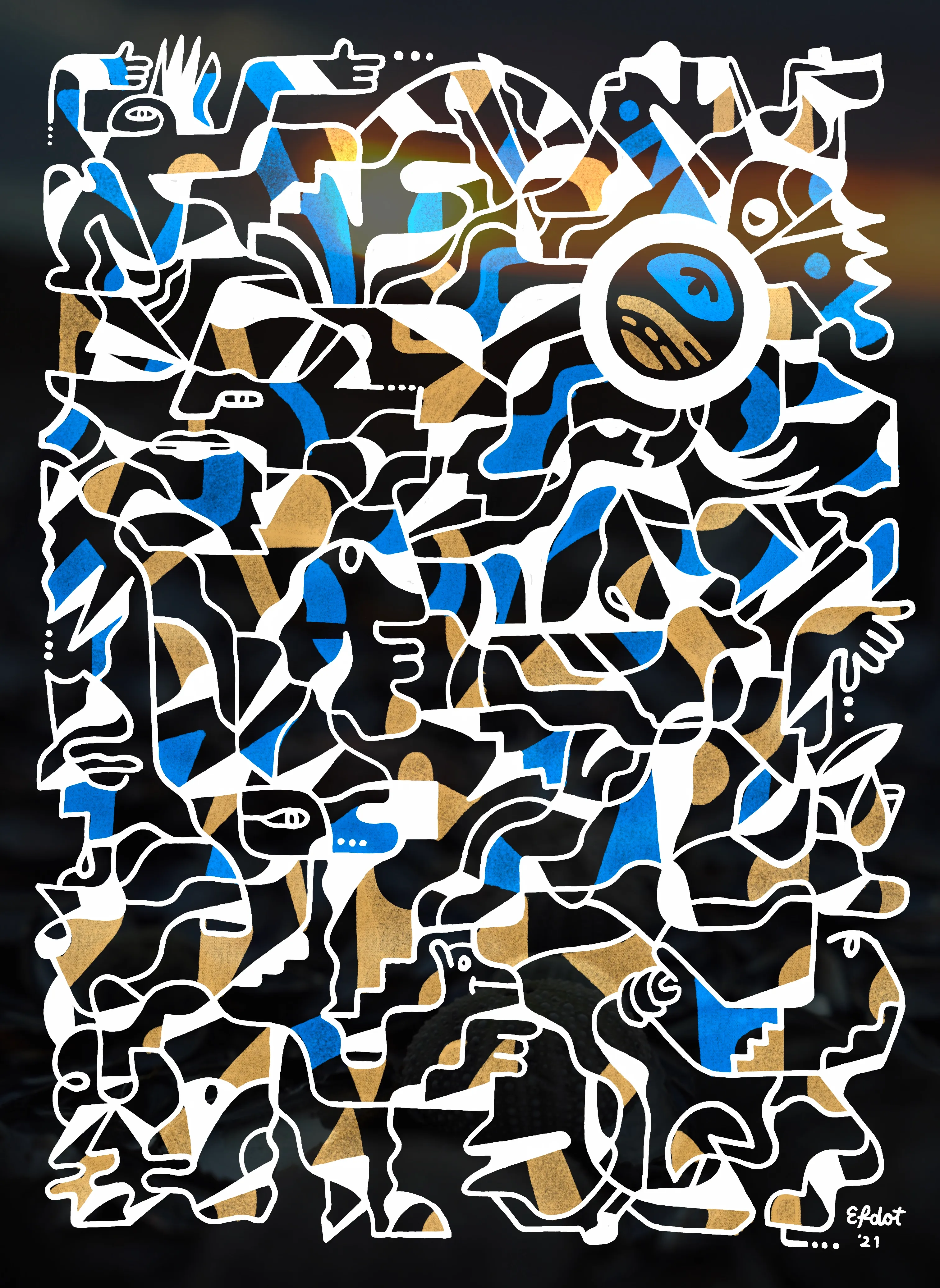"A new reason to get up in the morning"

Digital drawing over original photography  
3025 x 4146px

Medium: ink on paper, digitally colored.  
Created in: Catskills, NY (drawing), Sea Ranch, CA (photo). December, 2021.