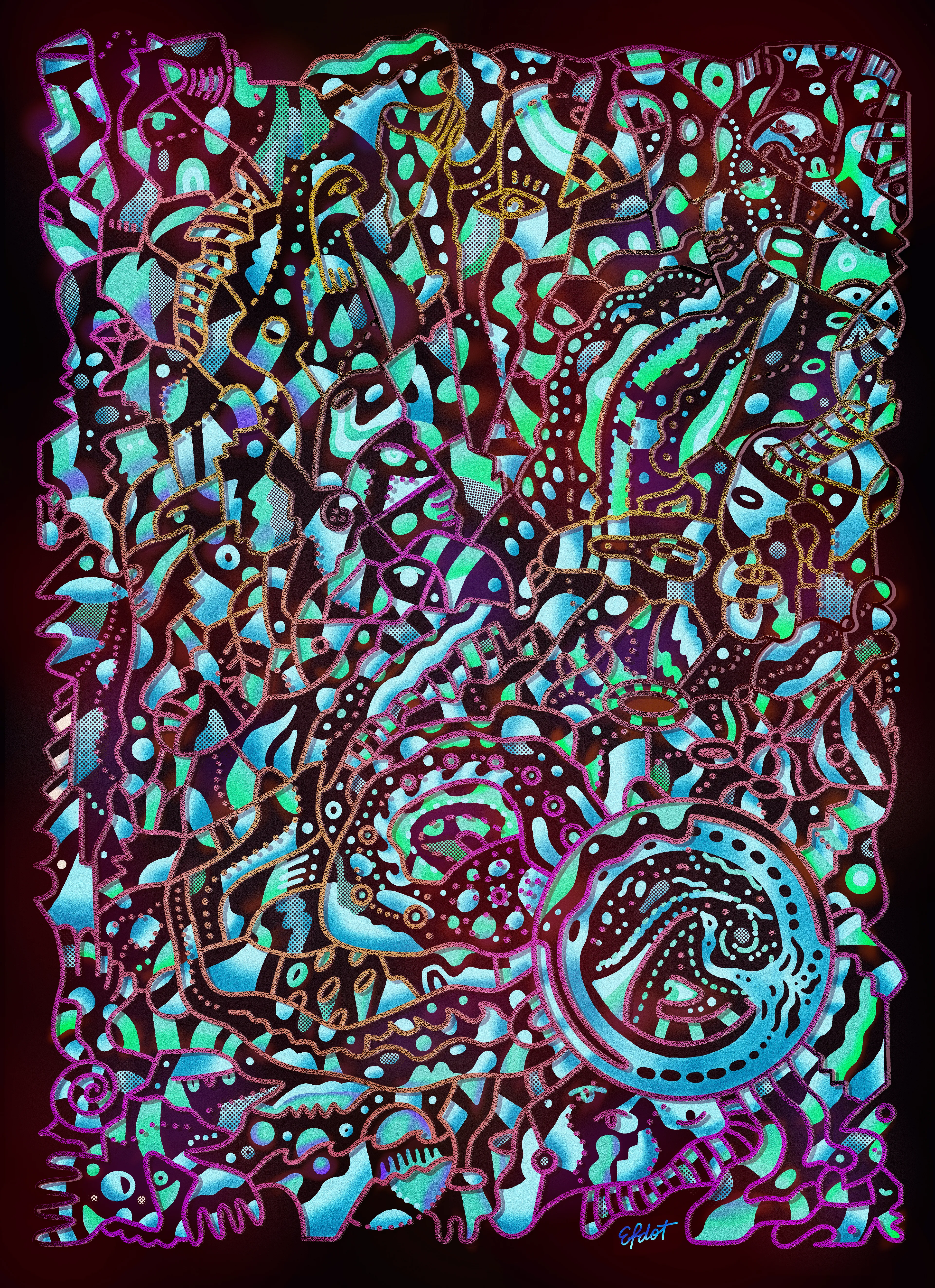 A ride with no destination, only a direction – and you are the guide.

Original digital art by Efdot  
4500x6200 px  
1/1  
2022

The process behind Efdot's "Rides" series: 
Each work is started as improvisational line drawing with no prior planning or sketching. The pen rides around the blank canvas, organically making connections between forms and figures. Later these works are given a deeper personality through layers of shape, color and texture. 

Each chapter in the series will be done in their order throughout 2022, helping to push the artist's style to deeper levels and enabling the next chapter to begin.

The winner of this auction will have access to claim a signed 1/1 metal print of the artwork.
