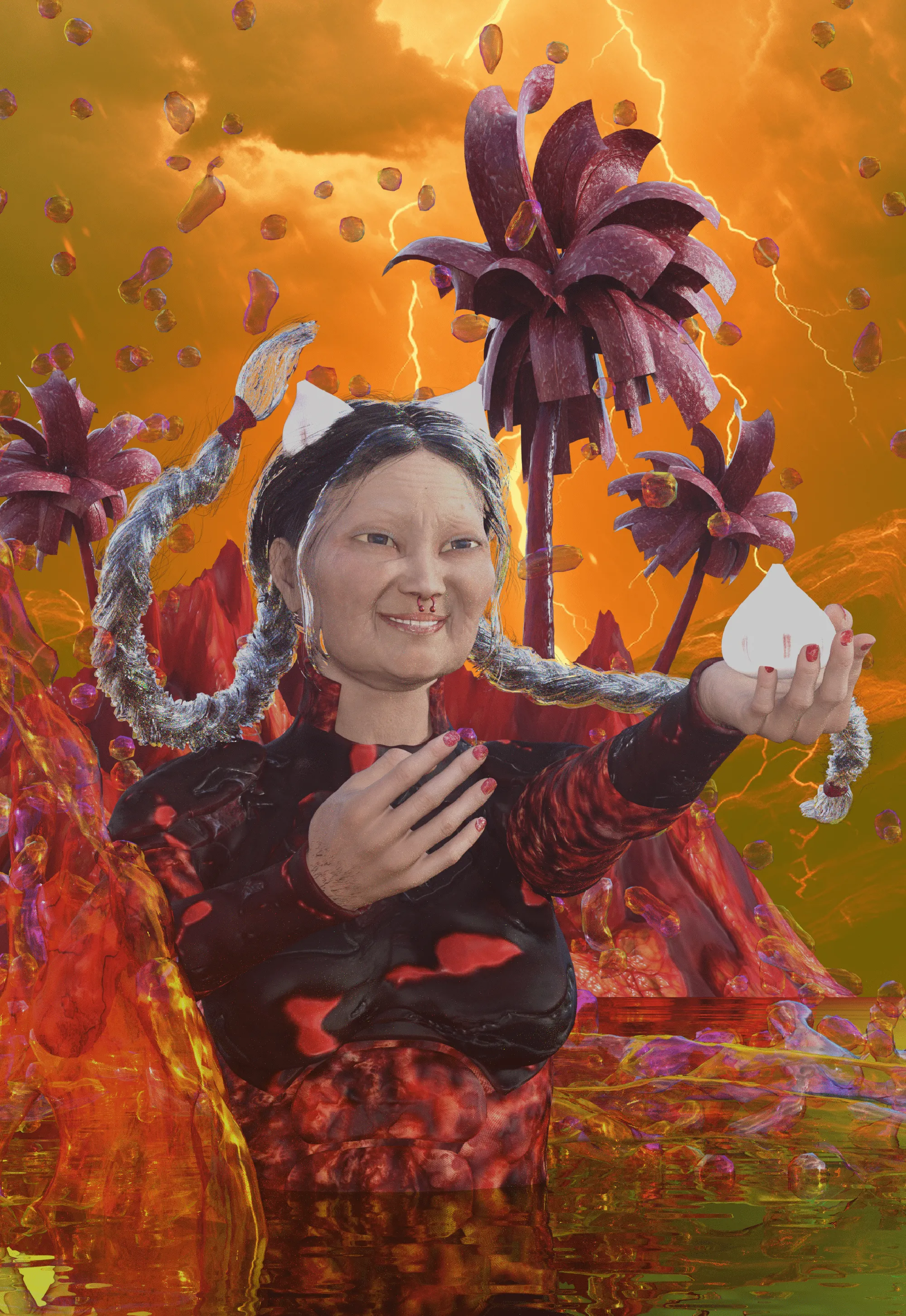 Wednesday Kim utilizes 3D model collage as a method of exploring heritage-based identities within the semiotics of external systems part of urban spaces. Described by the artist: “Drawing inspiration from Hollywood superhero movies, an extraordinary figure emerges in a city renowned for its diversity and cultural tapestry, serving as a beacon of strength and wisdom. This elderly woman embodies a different kind of heroism — one that celebrates multiculturalism and bridges the gaps between communities. We delve into the extraordinary story of this unsung hero, whose unwavering spirit and compassionate heart have made her a living legend in the City of Angels. This work also embodies the concept of the ‘perpetual,’ symbolizing a state of continuous existence or endurance.”