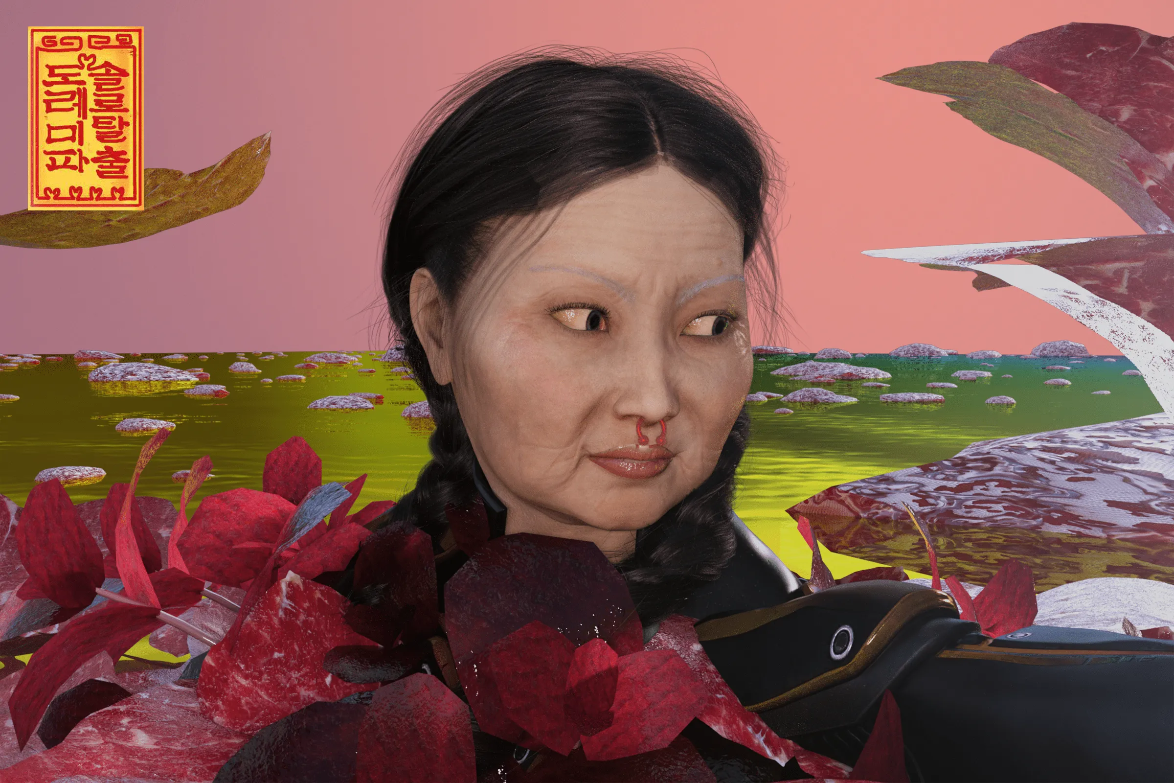 Wednesday Kim utilizes 3D model collage as a method of exploring heritage-based identities within the semiotics of external systems part of urban spaces. Described by the artist: “Drawing inspiration from Hollywood superhero movies, an extraordinary figure emerges in a city renowned for its diversity and cultural tapestry, serving as a beacon of strength and wisdom. This elderly woman embodies a different kind of heroism — one that celebrates multiculturalism and bridges the gaps between communities. We delve into the extraordinary story of this unsung hero, whose unwavering spirit and compassionate heart have made her a living legend in the City of Angels. This work also embodies the concept of the ‘perpetual,’ symbolizing a state of continuous existence or endurance.”