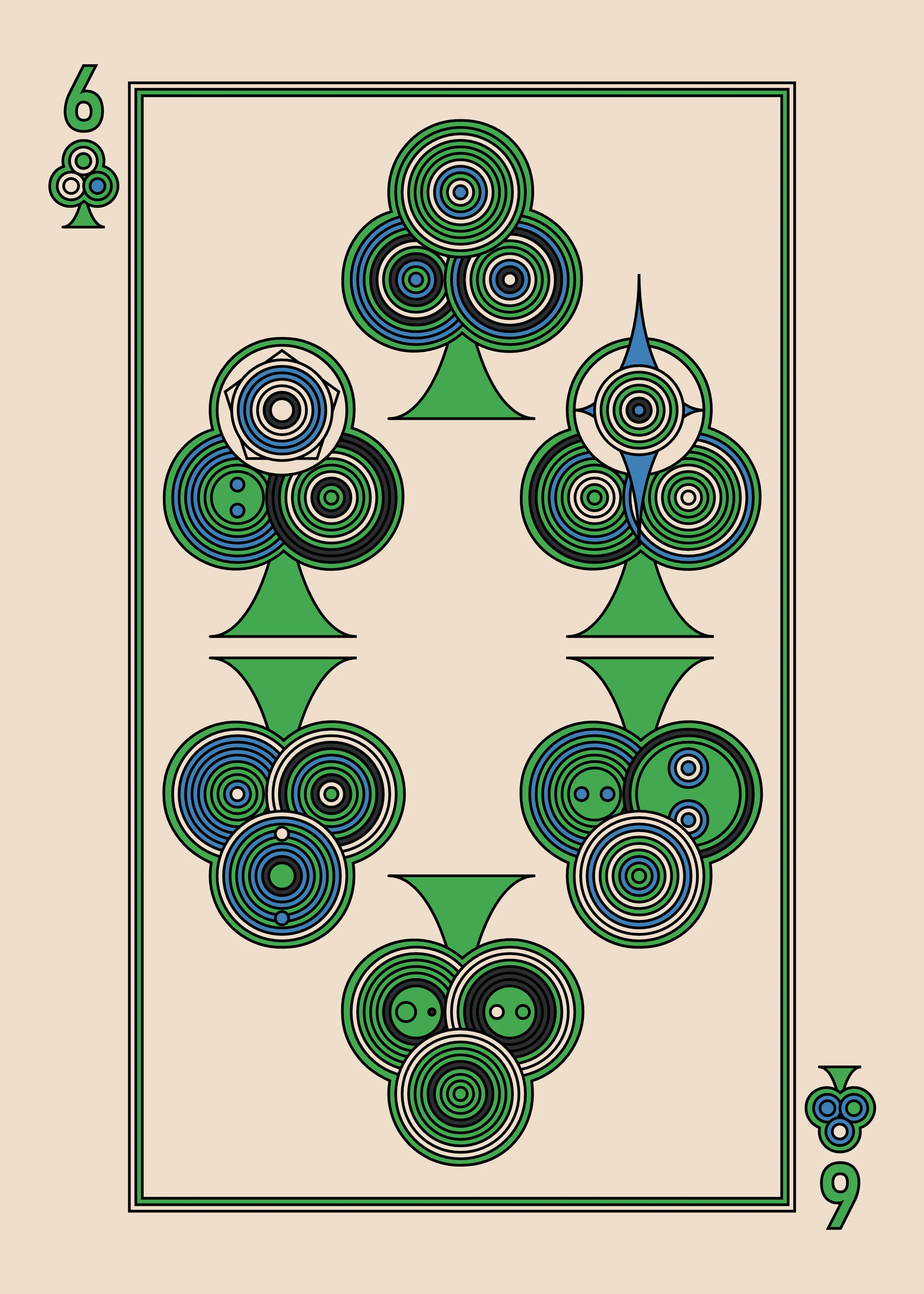 The Six of Clubs for the Light Deck.

The Eccentrics Playing Cards series includes two complete decks of generative art playing cards created using the Eccentrics algorithms by Radix. 110 cards total.

After the cards are minted they will be collected and published as physical card decks.

License: CC BY-NC-ND 4.0

3000 x 4200 pixels