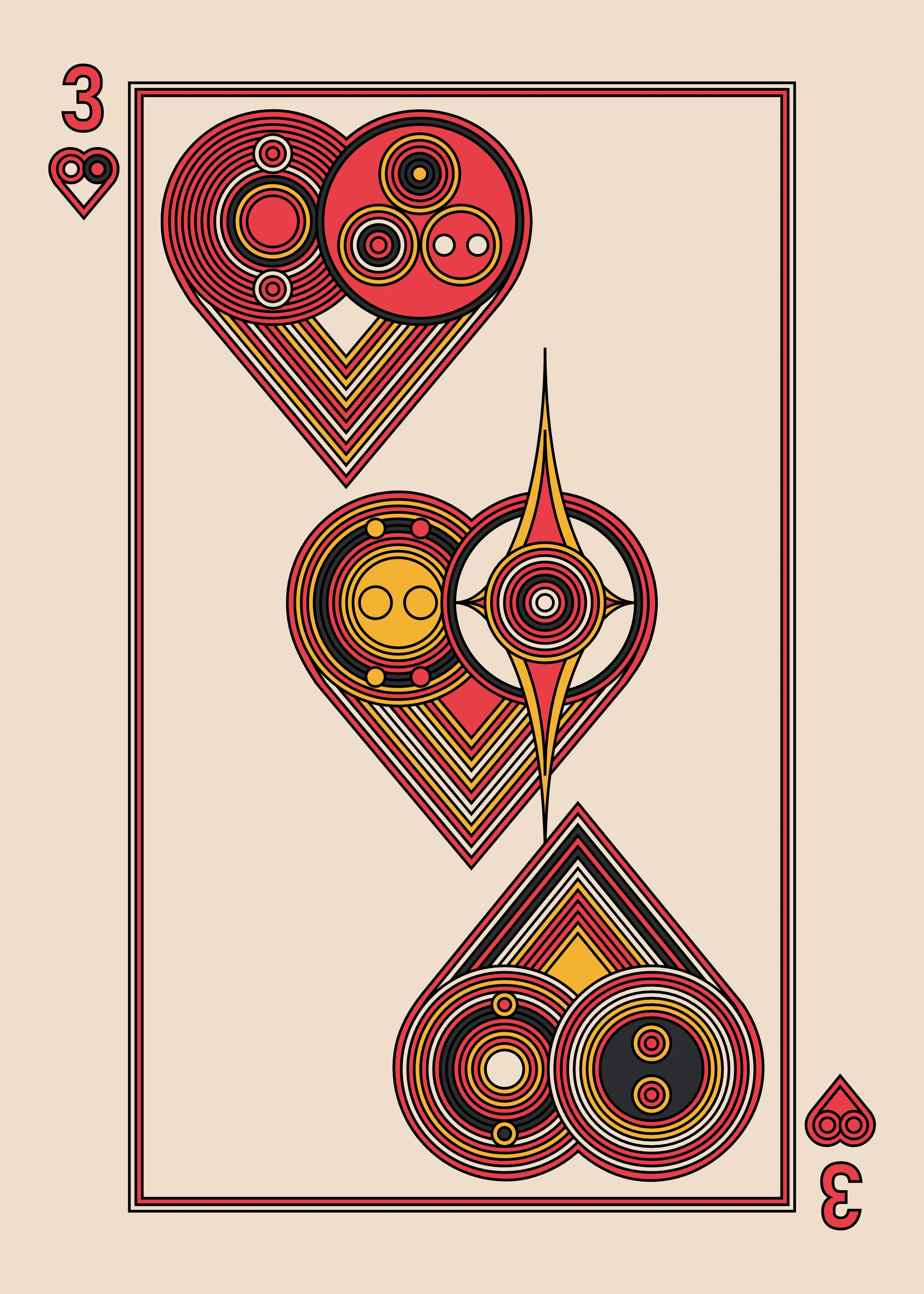 The Three of Hearts for the Light Deck.

The Eccentrics Playing Cards series includes two complete decks of generative art playing cards created using the Eccentrics algorithms by Radix. 110 cards total.

After the cards are minted they will be collected and published as physical card decks.

License: CC BY-NC-ND 4.0

3000 x 4200 pixels