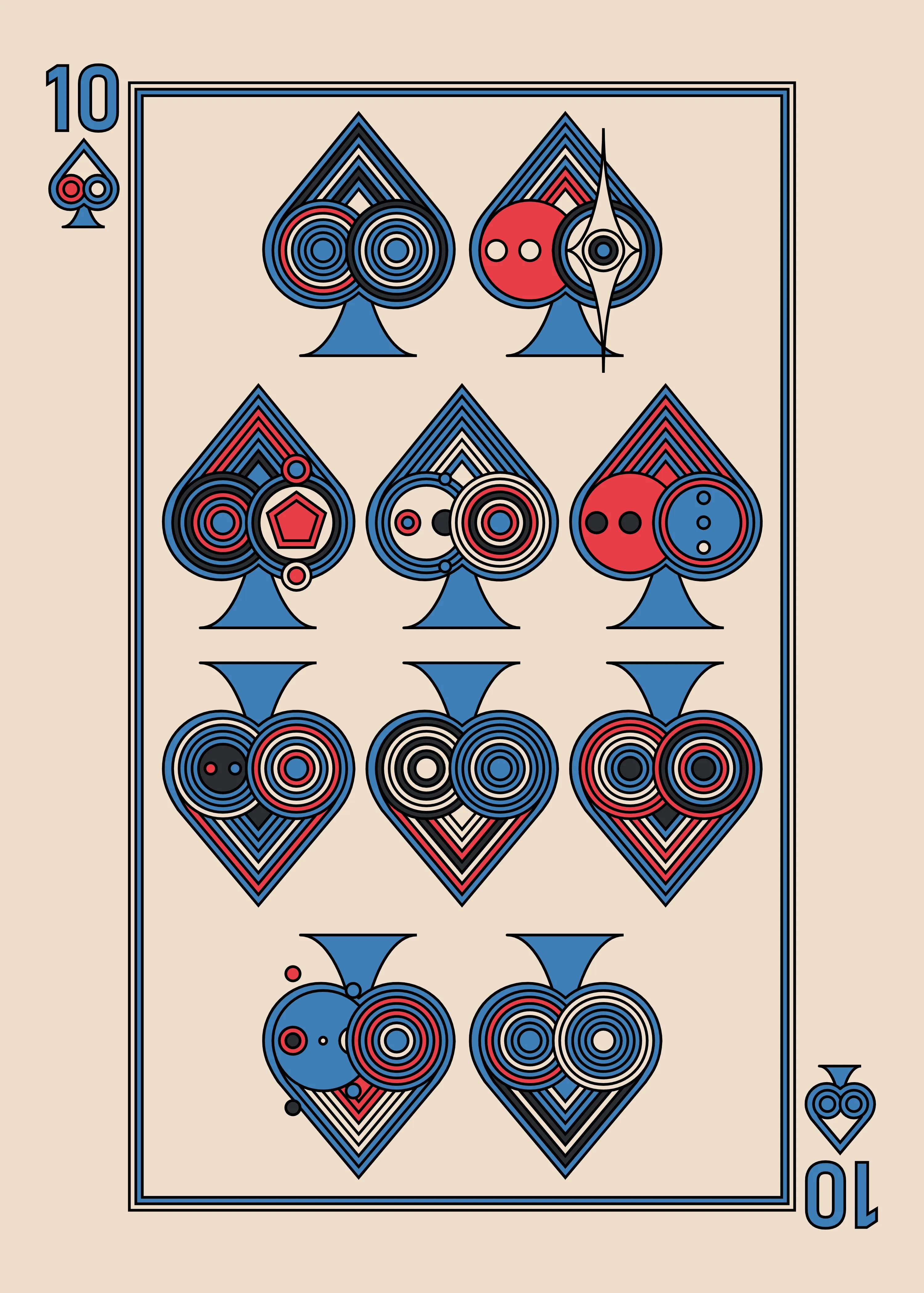 The Ten of Spades for the Light Deck.

The Eccentrics Playing Cards series includes two complete decks of generative art playing cards created using the Eccentrics algorithms by Radix. 110 cards total.

After the cards are minted they will be collected and published as physical card decks.

License: CC BY-NC-ND 4.0

3000 x 4200 pixels