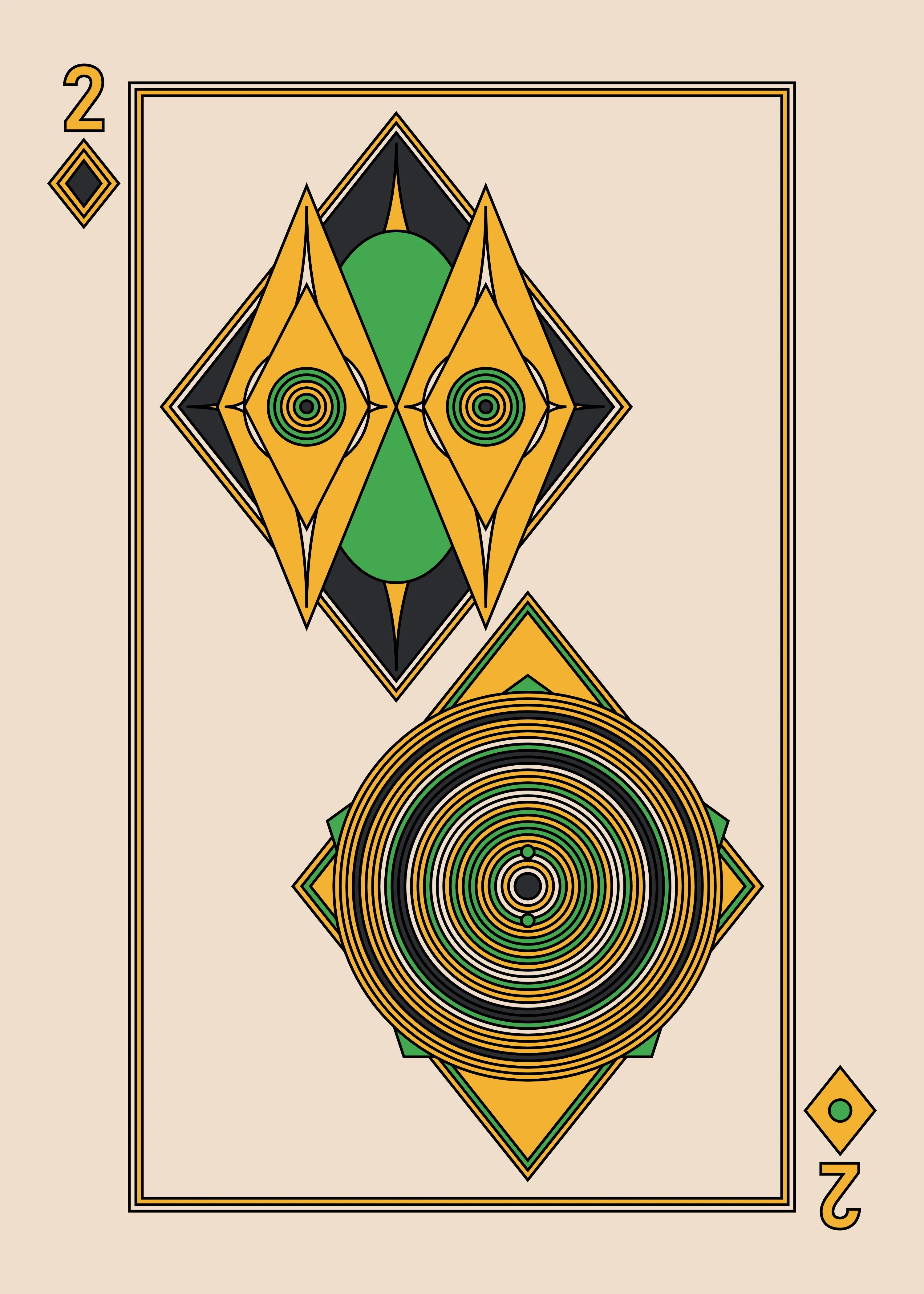The Two of Diamonds for the Light Deck.

The Eccentrics Playing Cards series includes two complete decks of generative art playing cards created using the Eccentrics algorithms by Radix. 110 cards total.

After the cards are minted they will be collected and published as physical card decks.

License: CC BY-NC-ND 4.0

3000 x 4200 pixels