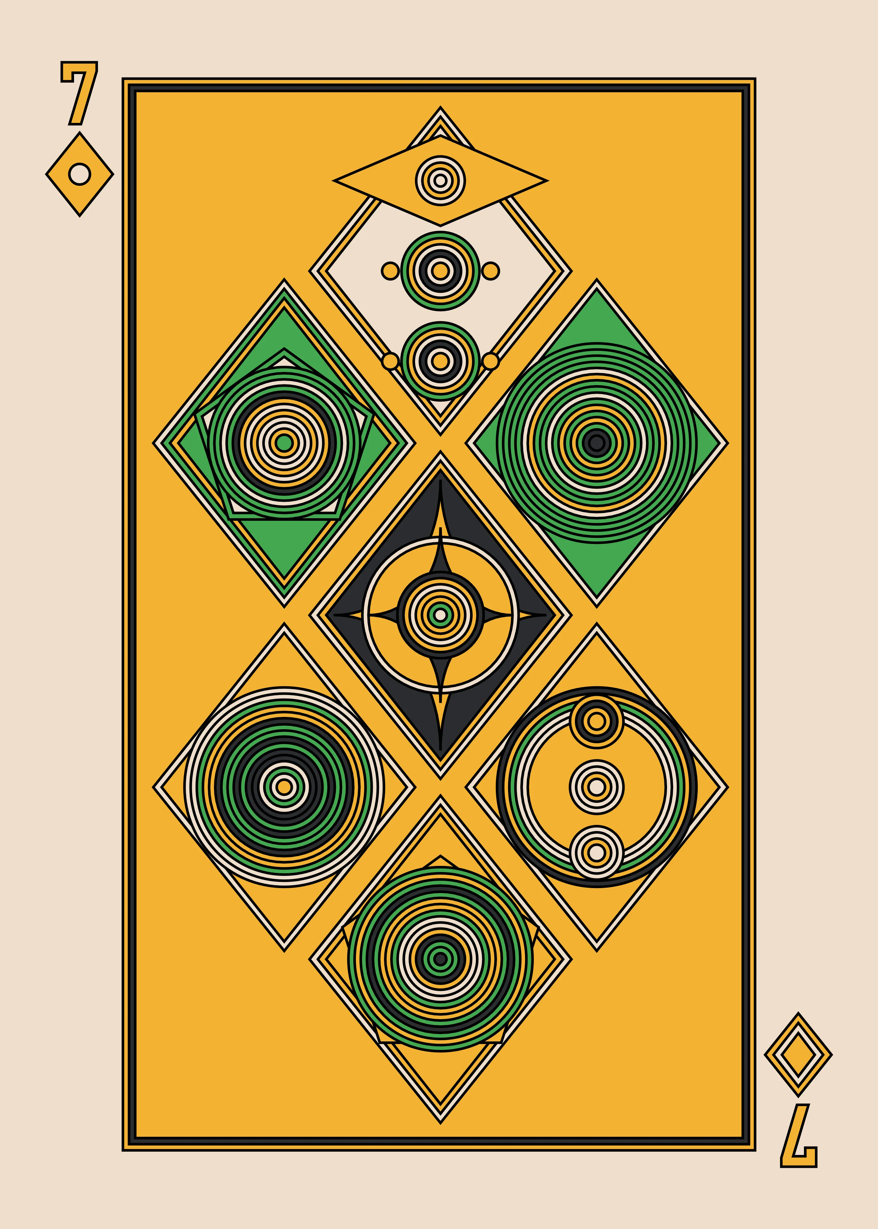 The Seven of Diamonds for the Dark Deck.

The Eccentrics Playing Cards series includes two complete decks of generative art playing cards created using the Eccentrics algorithms by Radix. 110 cards total.

After the cards are minted they will be collected and published as physical card decks.

License: CC BY-NC-ND 4.0

3000 x 4200 pixels