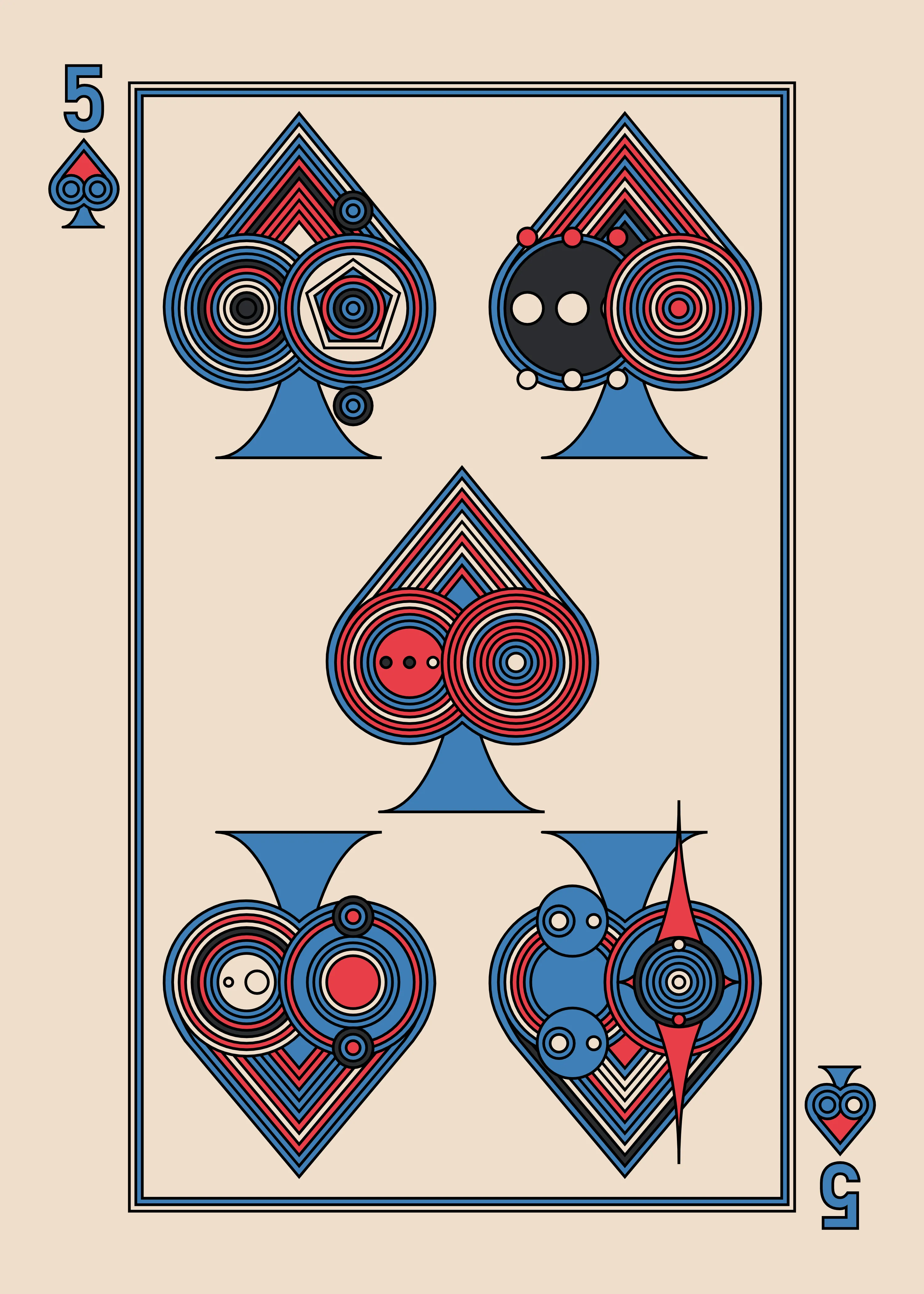 The Five of Spades for the Light Deck.

The Eccentrics Playing Cards series includes two complete decks of generative art playing cards created using the Eccentrics algorithms by Radix. 110 cards total.

After the cards are minted they will be collected and published as physical card decks.

License: CC BY-NC-ND 4.0

3000 x 4200 pixels