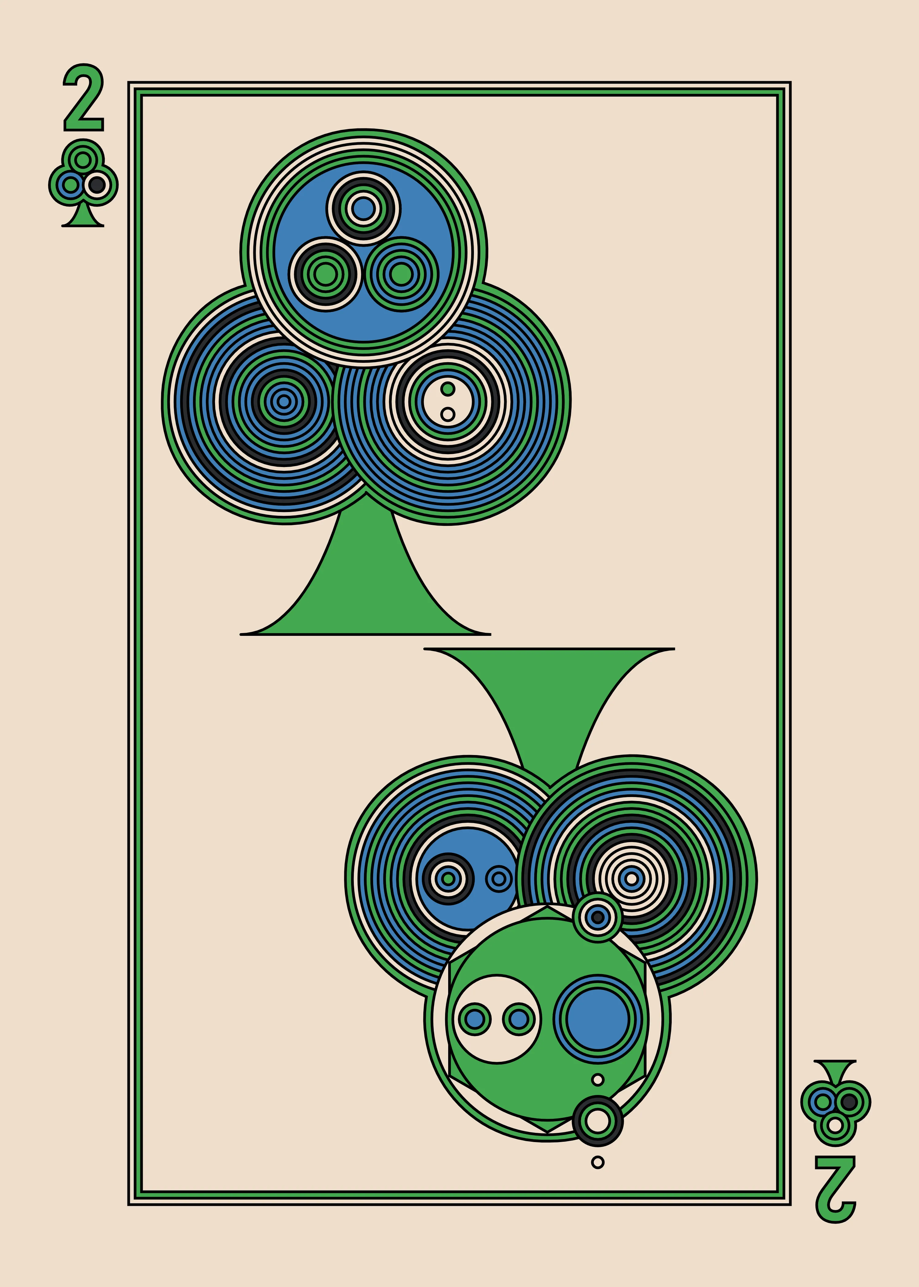 The Two of Clubs for the Light Deck.

The Eccentrics Playing Cards series includes two complete decks of generative art playing cards created using the Eccentrics algorithms by Radix. 110 cards total.

After the cards are minted they will be collected and published as physical card decks.

License: CC BY-NC-ND 4.0

3000 x 4200 pixels