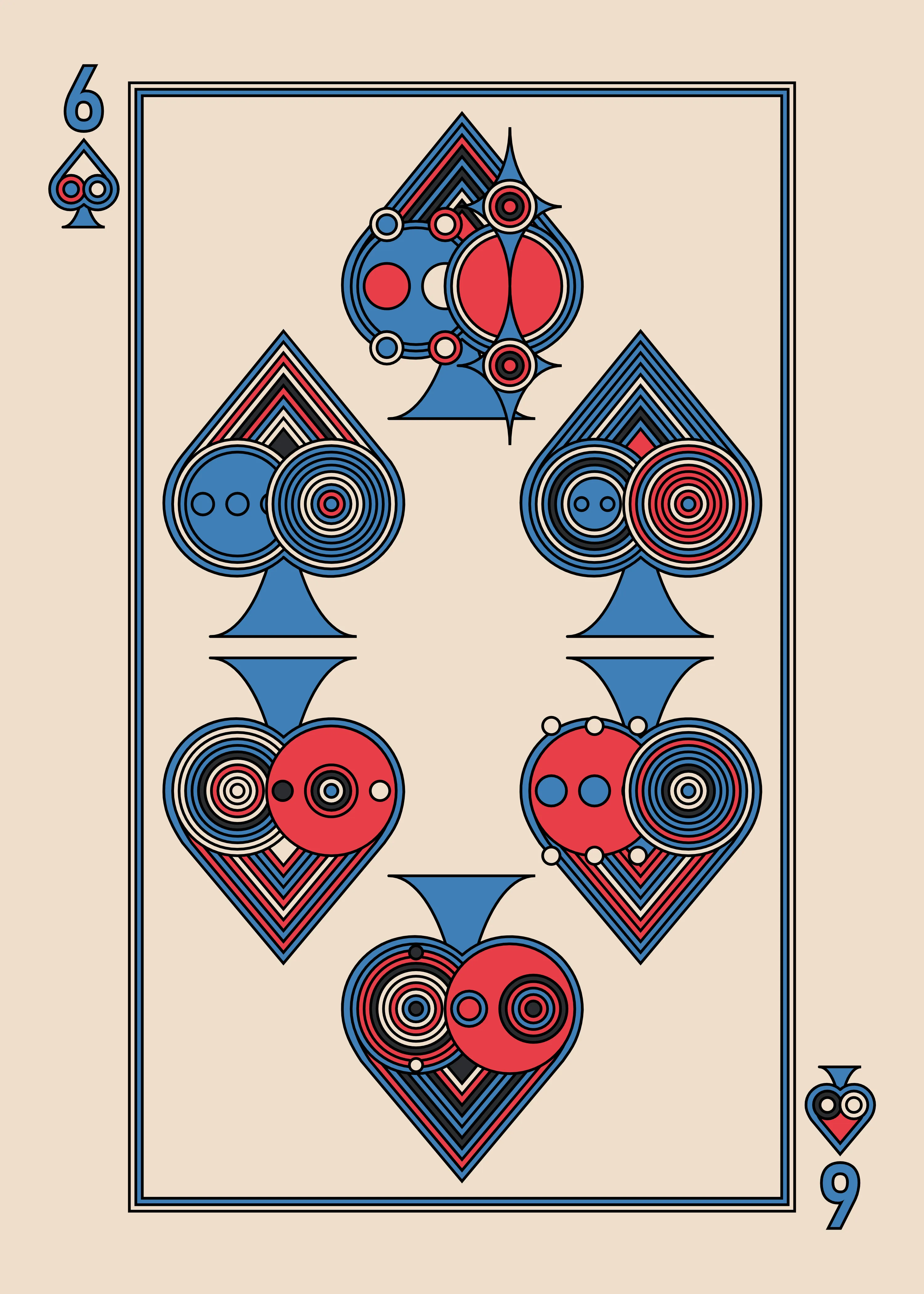 The Six of Spades for the Light Deck.

The Eccentrics Playing Cards series includes two complete decks of generative art playing cards created using the Eccentrics algorithms by Radix. 110 cards total.

After the cards are minted they will be collected and published as physical card decks.

License: CC BY-NC-ND 4.0

3000 x 4200 pixels