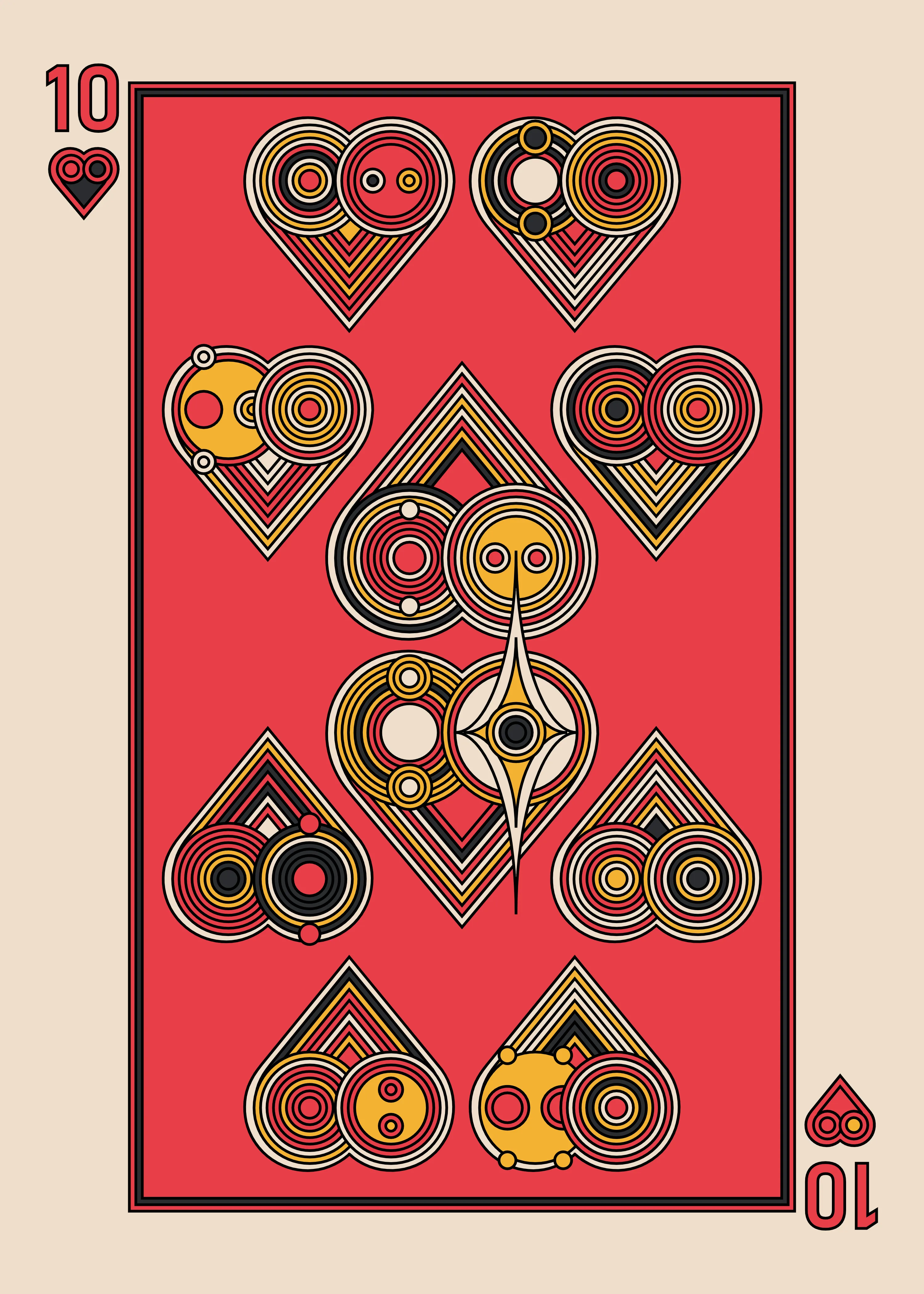 The Ten of Hearts for the Dark Deck.

The Eccentrics Playing Cards series includes two complete decks of generative art playing cards created using the Eccentrics algorithms by Radix. 110 cards total.

After the cards are minted they will be collected and published as physical card decks.

License: CC BY-NC-ND 4.0

3000 x 4200 pixels
