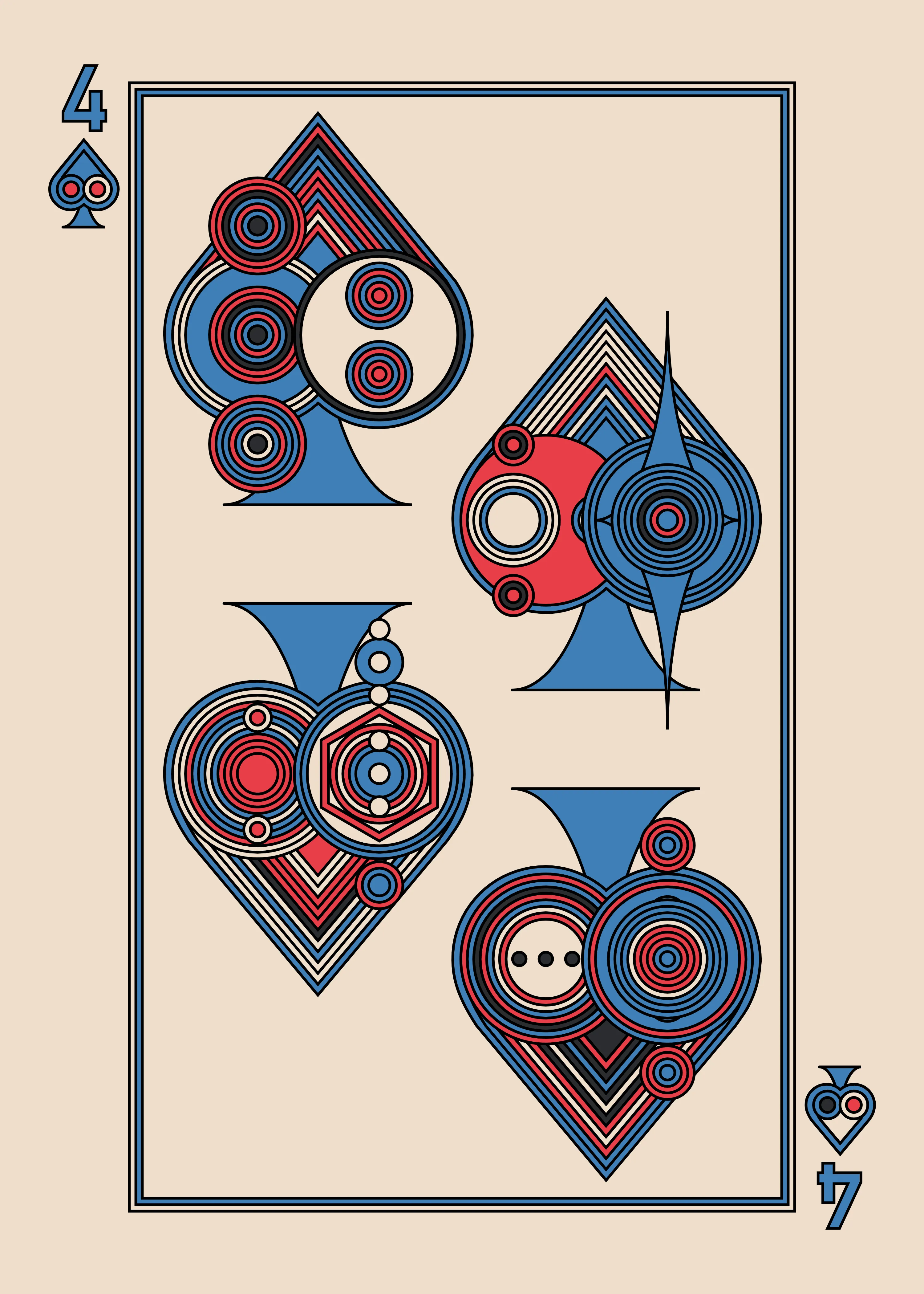 The Four of Spades for the Light Deck.

The Eccentrics Playing Cards series includes two complete decks of generative art playing cards created using the Eccentrics algorithms by Radix. 110 cards total.

After the cards are minted they will be collected and published as physical card decks.

License: CC BY-NC-ND 4.0

3000 x 4200 pixels