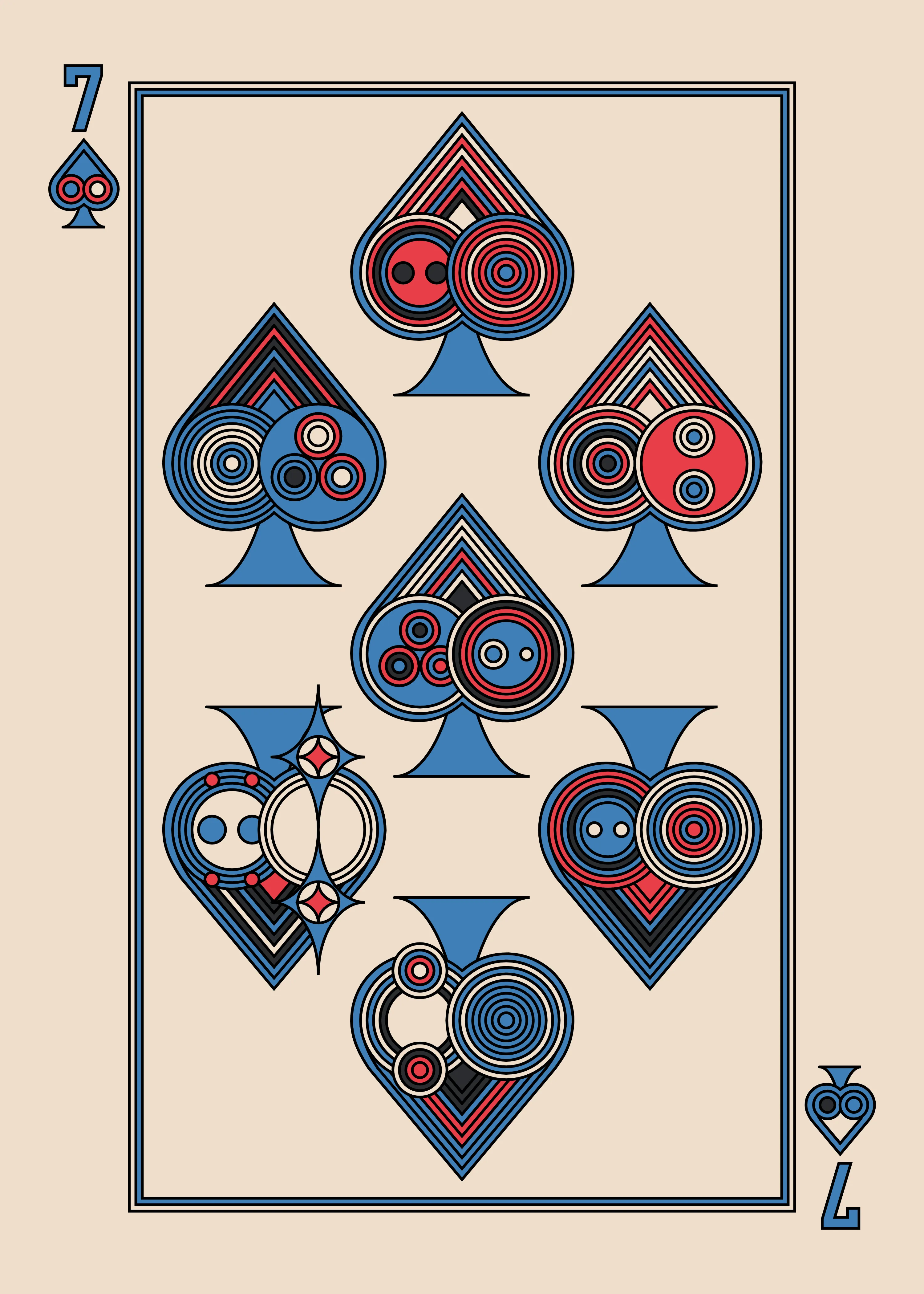 The Seven of Spades for the Light Deck.

The Eccentrics Playing Cards series includes two complete decks of generative art playing cards created using the Eccentrics algorithms by Radix. 110 cards total.

After the cards are minted they will be collected and published as physical card decks.

License: CC BY-NC-ND 4.0

3000 x 4200 pixels