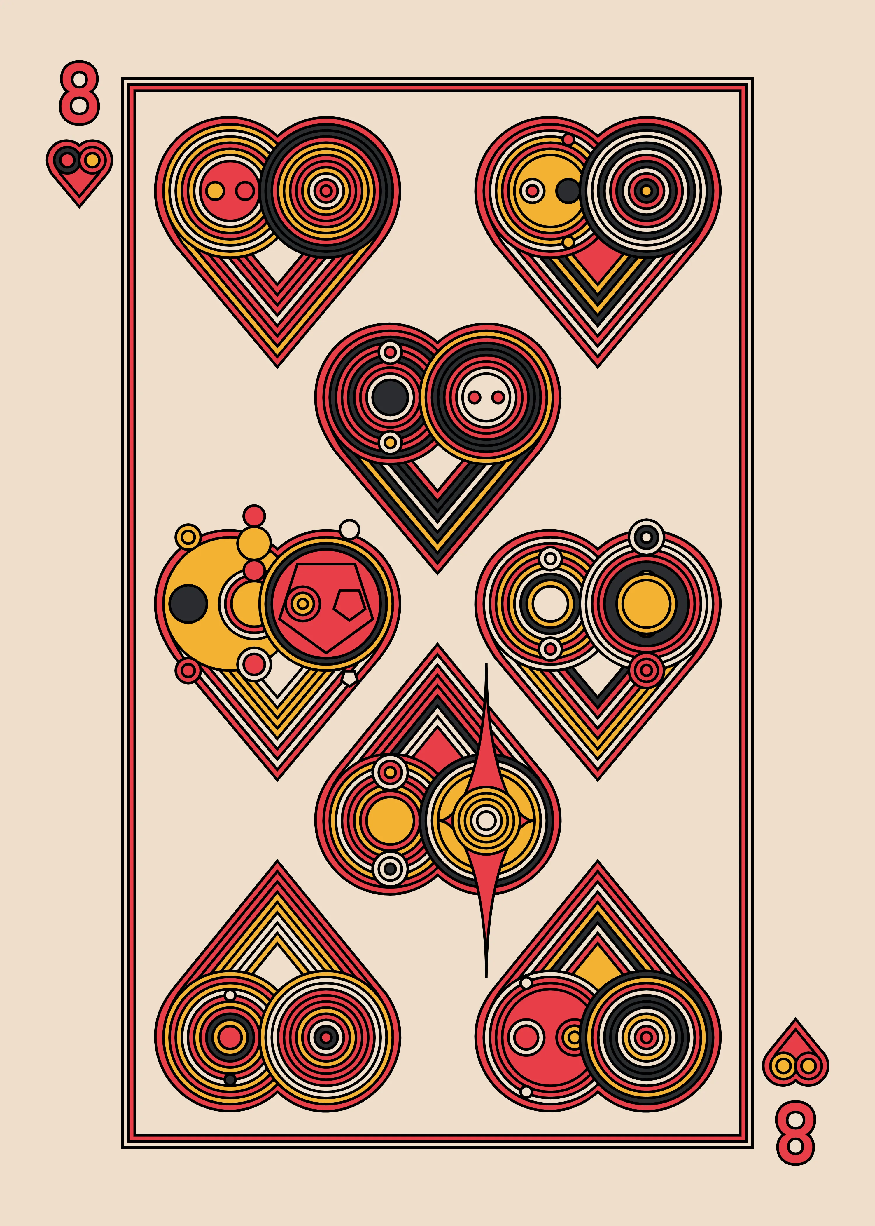 The Eight of Hearts for the Light Deck.

The Eccentrics Playing Cards series includes two complete decks of generative art playing cards created using the Eccentrics algorithms by Radix. 110 cards total.

After the cards are minted they will be collected and published as physical card decks.

License: CC BY-NC-ND 4.0

3000 x 4200 pixels