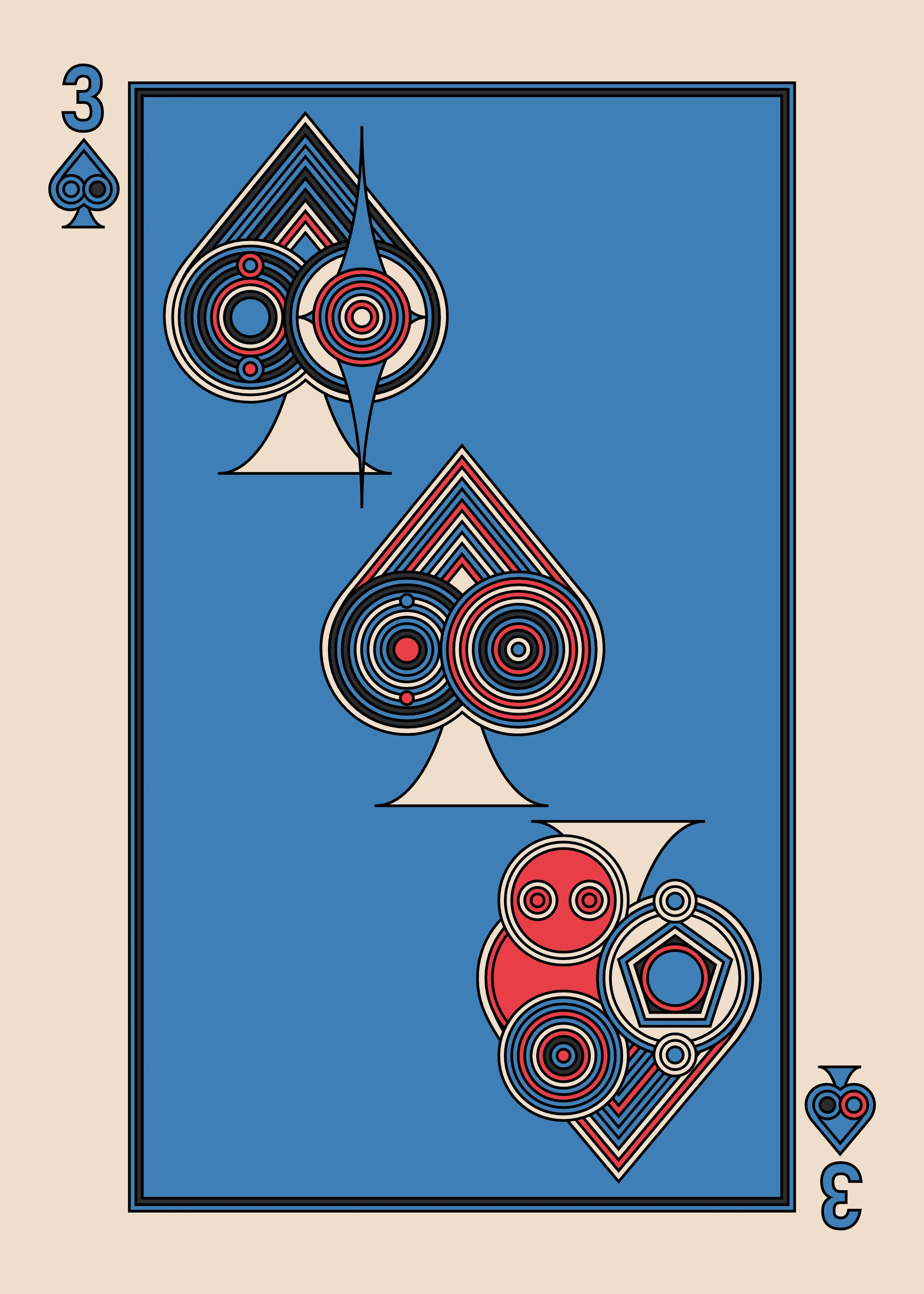 The Three of Spades for the Dark Deck.

The Eccentrics Playing Cards series includes two complete decks of generative art playing cards created using the Eccentrics algorithms by Radix. 110 cards total.

After the cards are minted they will be collected and published as physical card decks.

License: CC BY-NC-ND 4.0

3000 x 4200 pixels