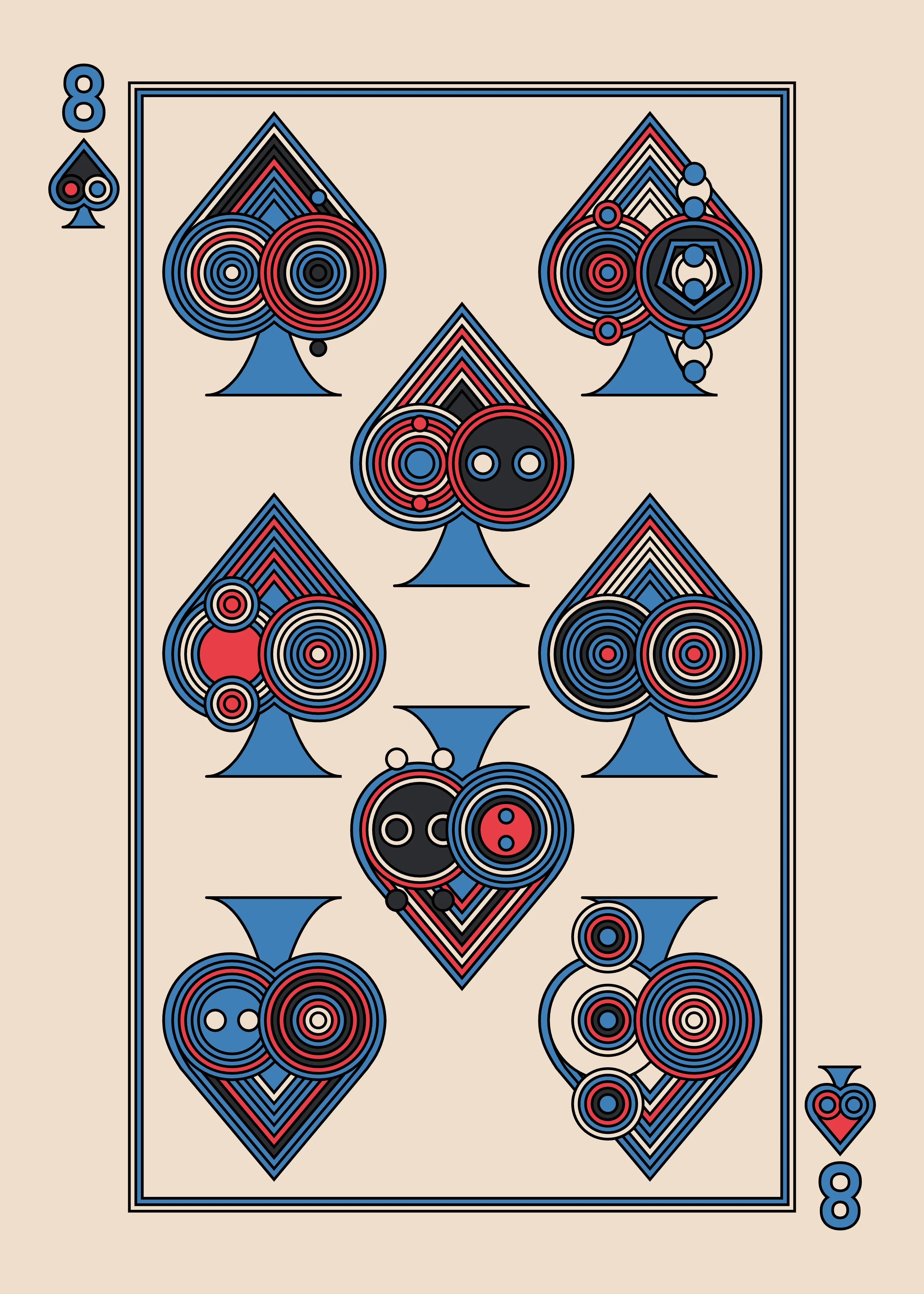 The Eight of Spades for the Light Deck.

The Eccentrics Playing Cards series includes two complete decks of generative art playing cards created using the Eccentrics algorithms by Radix. 110 cards total.

After the cards are minted they will be collected and published as physical card decks.

License: CC BY-NC-ND 4.0

3000 x 4200 pixels