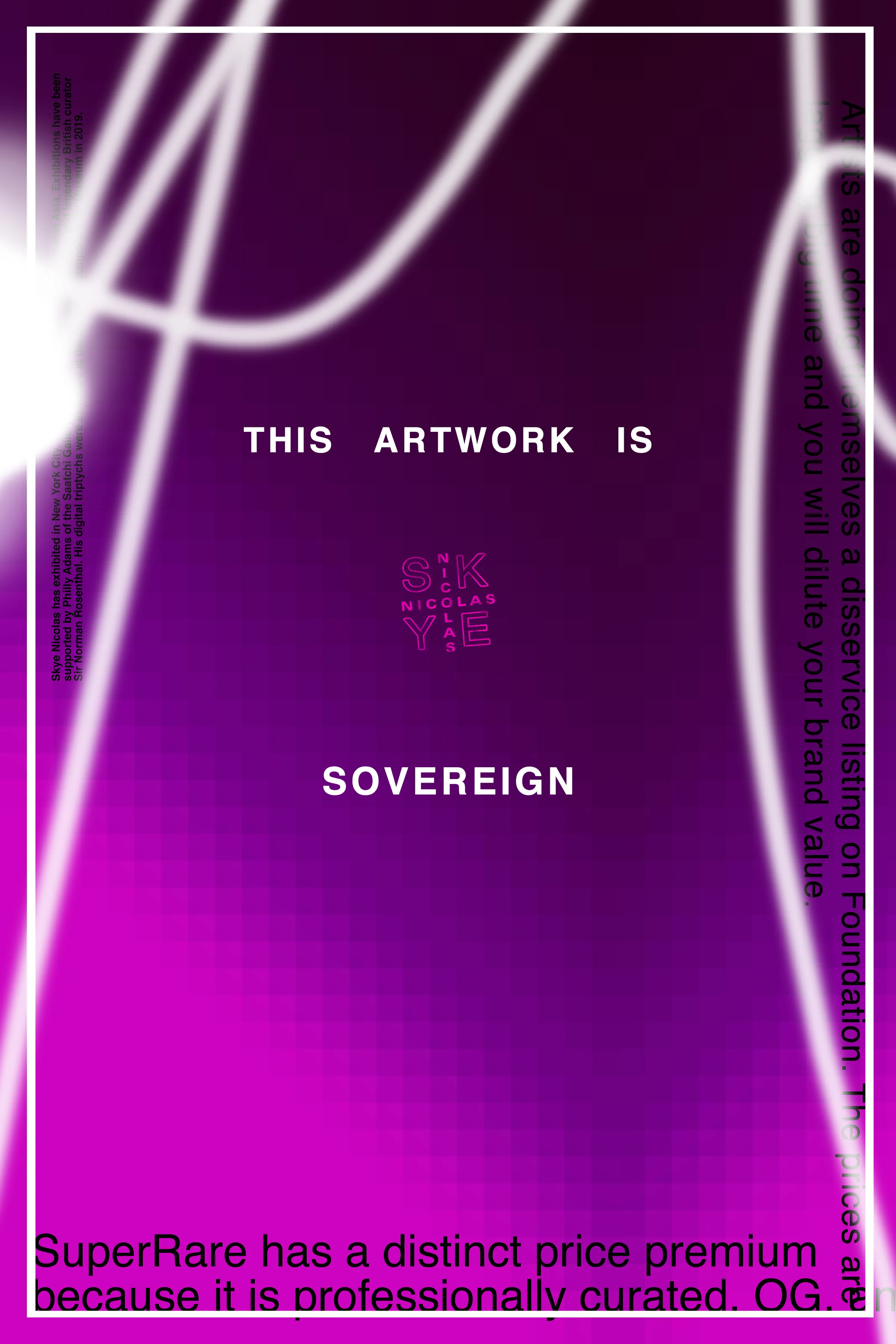 A conceptually collaborative work between artist and collector that utilizes NFT burn mechanics while performing an intangible circle of trust between both participants, THIS ARTWORK IS SOVEREIGN [2C0121 - CC03C0 PIXEL GRADIENT], is a unique 1/1 piece created and minted in exchange for a complete editions set of RGB + BLK VARIANTS (minted on KnownOrigin in April, 2021). The rules assigned by the artist are as follows: (1.) A complete set of four variants editions must be acquired by the collector, whether from primary sales during the minting period or from secondary market acquisitions. (2.) The complete set of variants editions must be returned and airdropped back to the artist. (3.) Once in the artist’s possession, all four variants editions are burned; deflating the overall supply of existing variants editions. A unique 1/1 artwork is then created and minted by the artist in exchange for the completion of all three steps.

This piece compositionally, features a pixelated gradient motif. Its gradient color values are signified as hex codes within the title. These distinctive traits are one of many possible permutations in an ongoing collaborative work till all existing variants have been exchanged and burned.