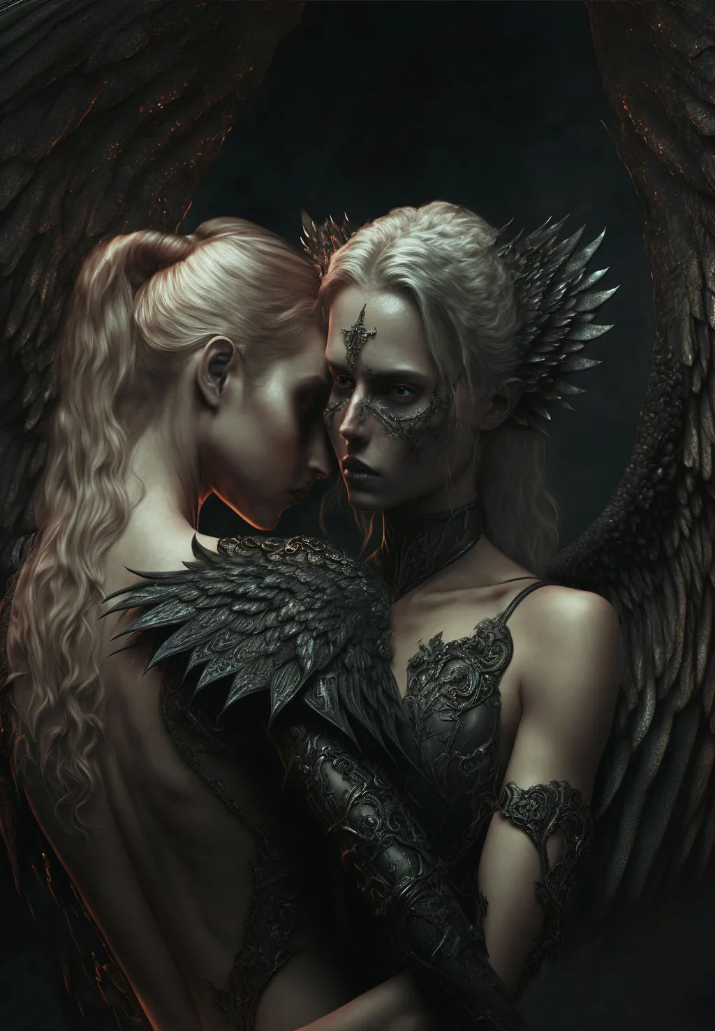 Twin archangels Sariel and Ramiel. Sariel had traded her divine glory for the world of mankind. Stripped of her wings and cast down as a fallen, she embraces her sister Ramiel for the last time. The divine light  now kissed by the red underworld.
