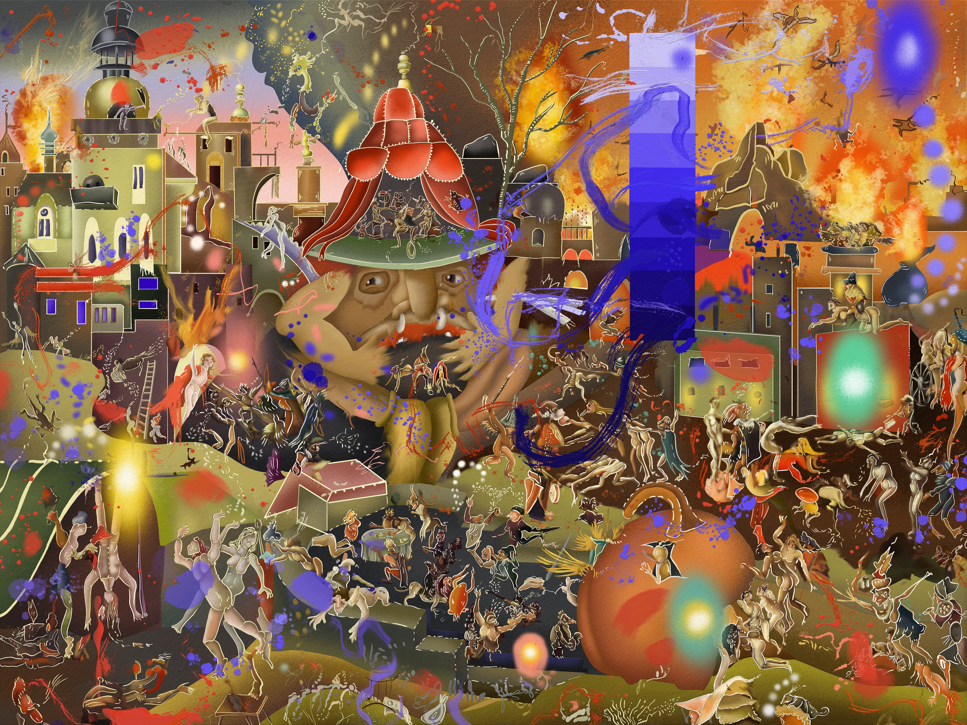 Here I have digitally recreated Bosch's art by abstracting forms without the use of AI questioning the original message by bringing it to our present using post contemporary tools. My purpose is transforming the visual and conceptual experience of the original artwork using technology as a substitute of oil painting. Images, characters and symbols tear apart, melt and transform as much as its meaning. Everything is disarticulated and gets dismembered leaving behind the moralist and religious message the original painting used to transmit several centuries ago. What we have instead is a number of grafisms, geometric and organic forms, stains, drippings and digital resources we use in present time, they are an invitation to reflect about how much the world has changed, human behaviors, the importance of religion and the place it occupies in our lives.
It’s a very complex painting beside its meaning, composing with an open color palette without losing balance it's a huge challenge.

