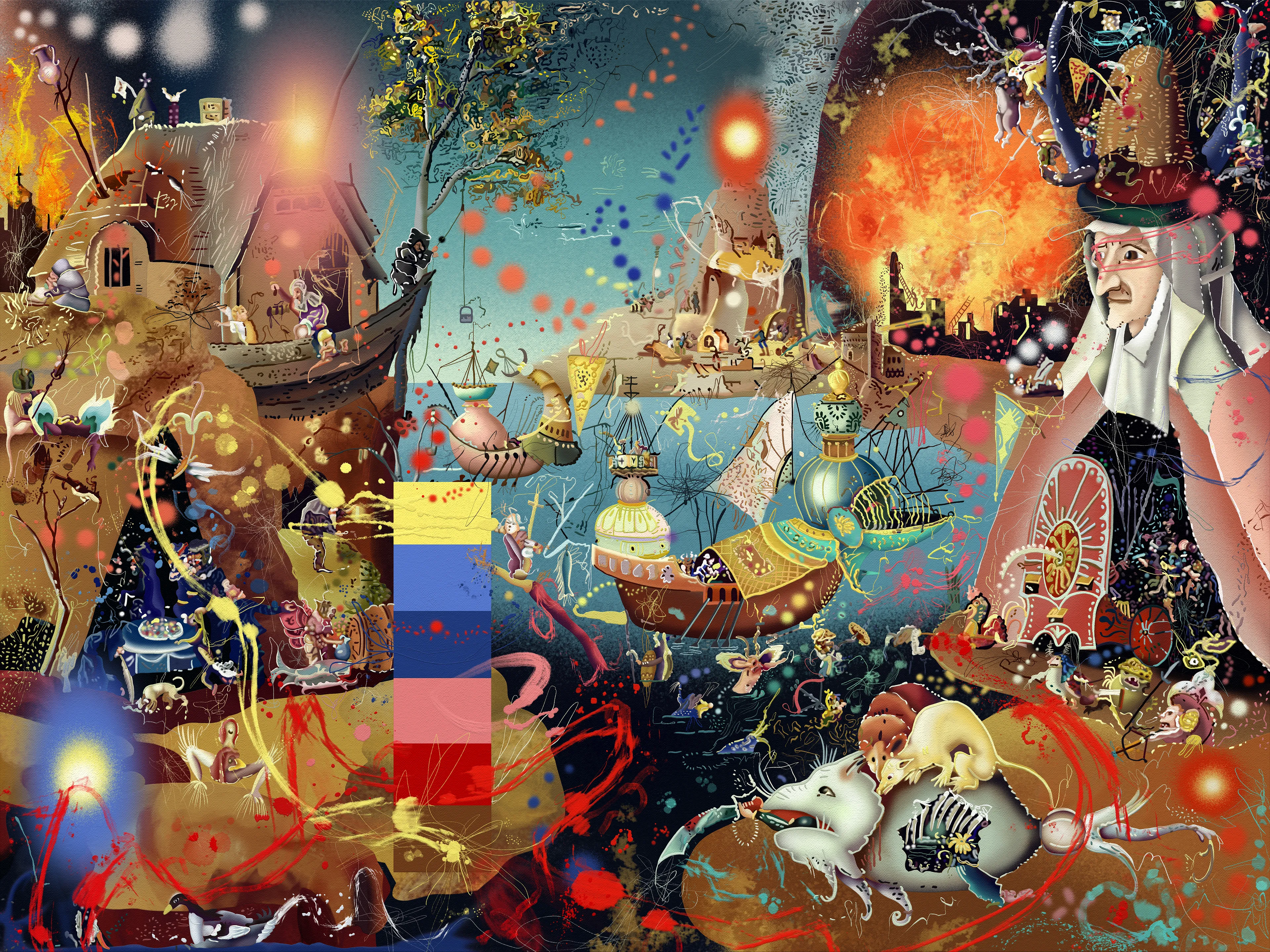 Here I have digitally recreated Bosch's art by abstracting forms without the use of AI questioning the original message by bringing it to our present using post contemporary tools. My purpose is transforming the visual and conceptual experience of the original artwork using technology as a substitute of oil painting. Images, characters and symbols tear apart, melt and transform as much as its meaning. Everything is disarticulated and gets dismembered leaving behind the moralist and religious message the original painting used to transmit several centuries ago. What we have instead is a number of grafisms, geometric and organic forms, stains, drippings and digital resources we use in present time, they are an invitation to reflect about how much the world has changed, human behaviors, the importance of religion and the place it occupies in our lives.
It’s a very complex painting beside its meaning, composing with an open color palette without losing balance it's a huge challenge.