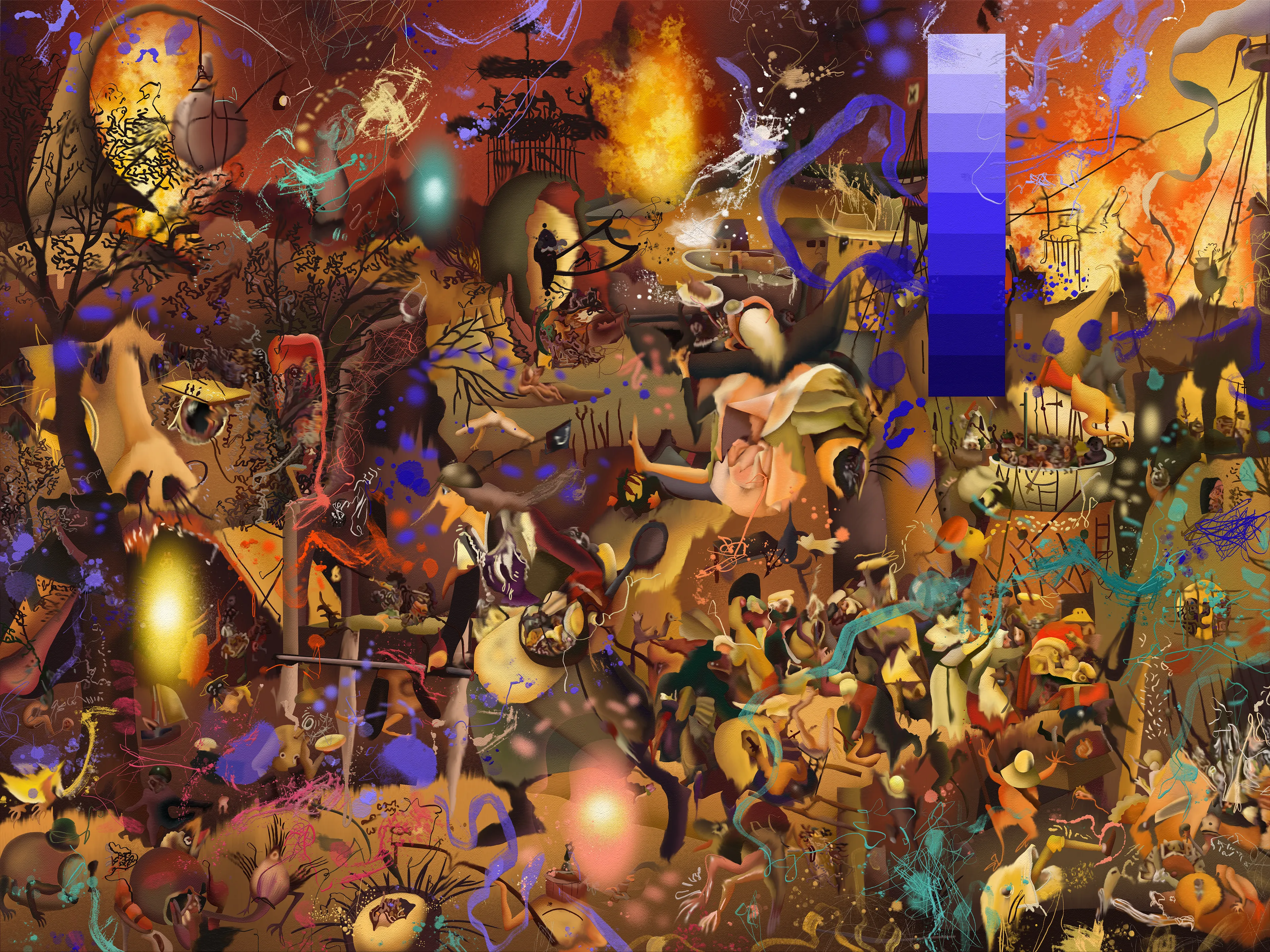 In "Bruegel's Nightmare," I drew inspiration from Bruegel's work and digitally reinterpreted it without using artificial intelligence. By employing digital tools, I abstracted forms, colors, and symbols, proposing a new visual narrative. My goal is to transform the visual and conceptual experience of the original work using technology as a substitute for traditional materials like oil paint.

The images, characters, and symbols disintegrate, merge, and transform as much as their meaning. As a female artist, it is interesting to be able to appropriate the work of great masters from a time when art was forbidden to women and give it my own imprint.

The result of this process is a complex composition dominated by geometric and organic forms, graphics, pictorial techniques resembling spray paint and airbrush, and contemporary digital resources. In this way, it invites us to reflect on the evolution of society, spirituality, and the human condition in the contemporary era.