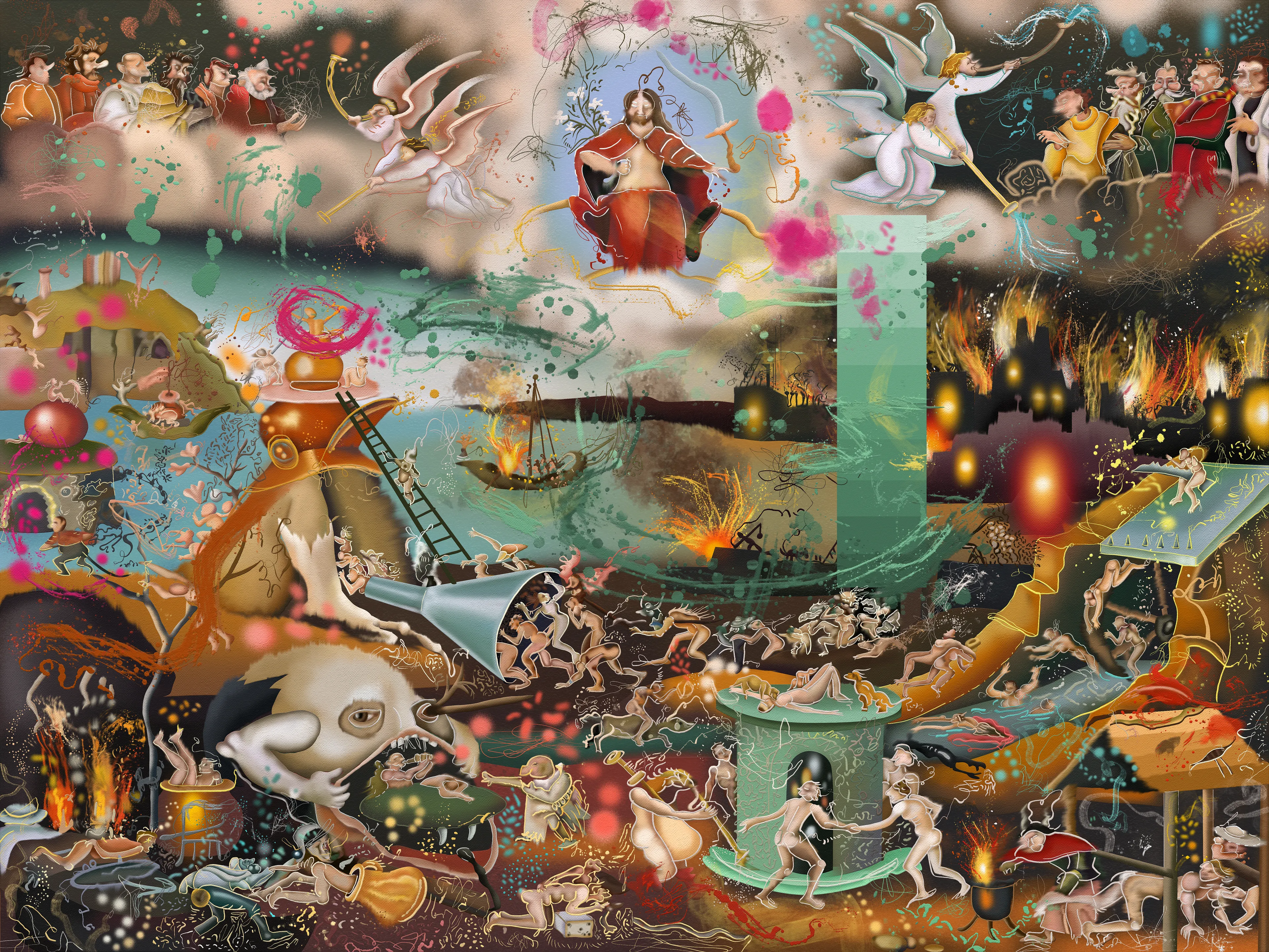 Here I have digitally recreated Bosch's art by abstracting forms without the use of AI questioning the original message by bringing it to our present using post contemporary tools. My purpose is transforming the visual and conceptual experience of the original artwork using technology as a substitute of oil painting. Images, characters and symbols tear apart, melt and transform as much as its meaning. Everything is disarticulated and gets dismembered leaving behind the moralist and religious message the original painting used to transmit several centuries ago. What we have instead is a number of grafisms, geometric and organic forms, stains, drippings and digital resources we use in present time, they are an invitation to reflect about how much the world has changed, human behaviors, the importance of religion and the place it occupies in our lives.
It’s a very complex painting beside its meaning, composing with an open color palette without losing balance it's a huge challenge.
The art includes a giclée print museum quality