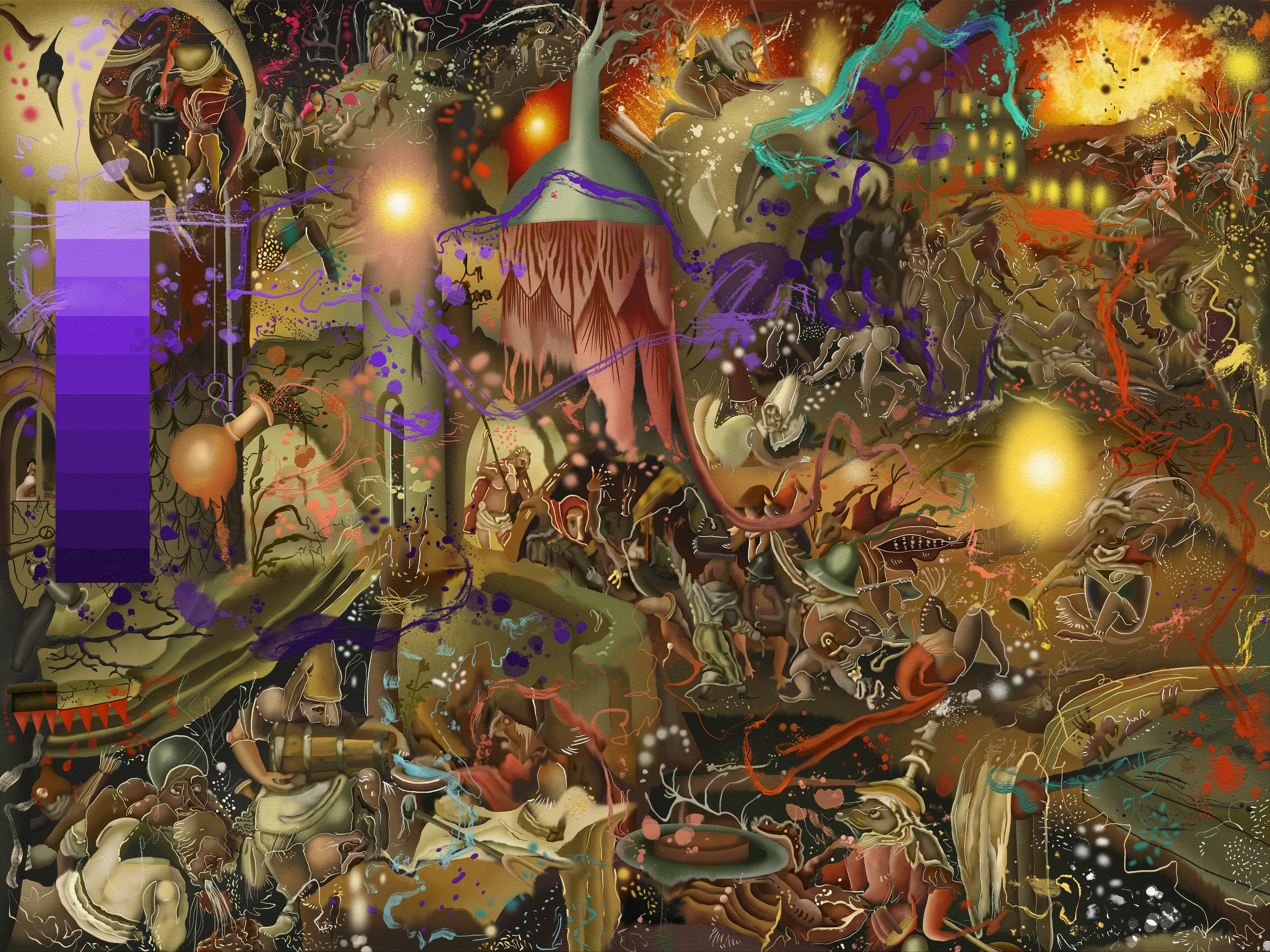 In the harrowing of Hell  I drew inspiration from Bosch's work and digitally reinterpreted it without using artificial intelligence. By employing digital tools, I abstracted forms, colors and symbols, proposing a new visual narrative. My goal is to transform the visual and conceptual experience of the original work using technology as a substitute for traditional materials like oil paint.

The images, characters, and symbols disintegrate, merge, and transform as much as their meaning. As a female artist, it is interesting to be able to appropriate the work of great masters from a time when art was forbidden to women and give it my own imprint.

The result of this process is a complex composition dominated byorganic forms, graphisms, pictorial techniques resembling spray paint and airbrush, and contemporary digital resources. In this way, it invites us to reflect on the evolution of society, spirituality, and the human condition in the contemporary era.

