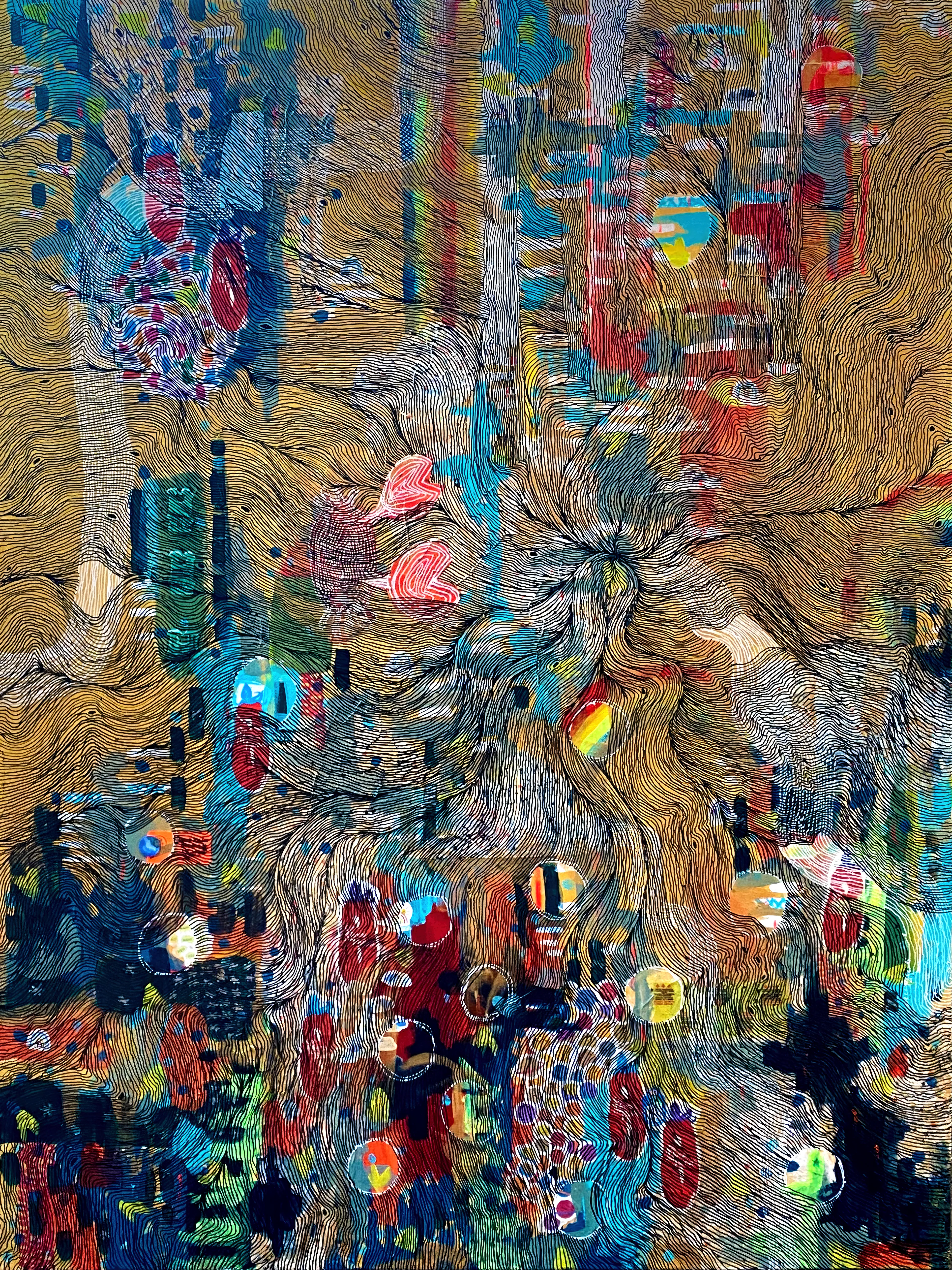 Transcendentia Primordialis is a hypnotic mixed media painting that evokes the moment consciousness emerges from chaos. At its core is a dense black vortex, radiating concentric waves of fine, hand-drawn linework that ripple outward like energy fields or ancient memory maps. These lines—both ordered and turbulent—trace the evolution of form from formlessness, inviting the viewer into a meditative engagement with the work.  
Throughout the composition, soft washes of acrylic color and layered collage elements pierce the monochrome landscape—gestures of material birth from energetic origins. Coral pinks, deep blues, moss greens, and gold drift through the piece like fragments of spirit, memory, and biology, suggesting the formation of sentient matter from primordial ether.  
The painting’s surface shimmers with dimensional depth: textural collage pieces and reflective moments embedded into the canvas mirror the multiplicity of experience. It is at once microscopic and cosmic—an interior map of becoming, as well as a celestial field of potential.  
A visual meditation on emergence, dissolution, and the cyclical nature of being, Transcendentia Primordialis invites viewers to contemplate their own origin stories—both ancient and ongoing.  

Original physical mixed media painting, 30" x 40", is available on primary with request. 

Curated for One Love Art DAO with NFT AOTEAROA for Sacred Origins at the Jutta Gallery in New York City, June 25, 2025.  

