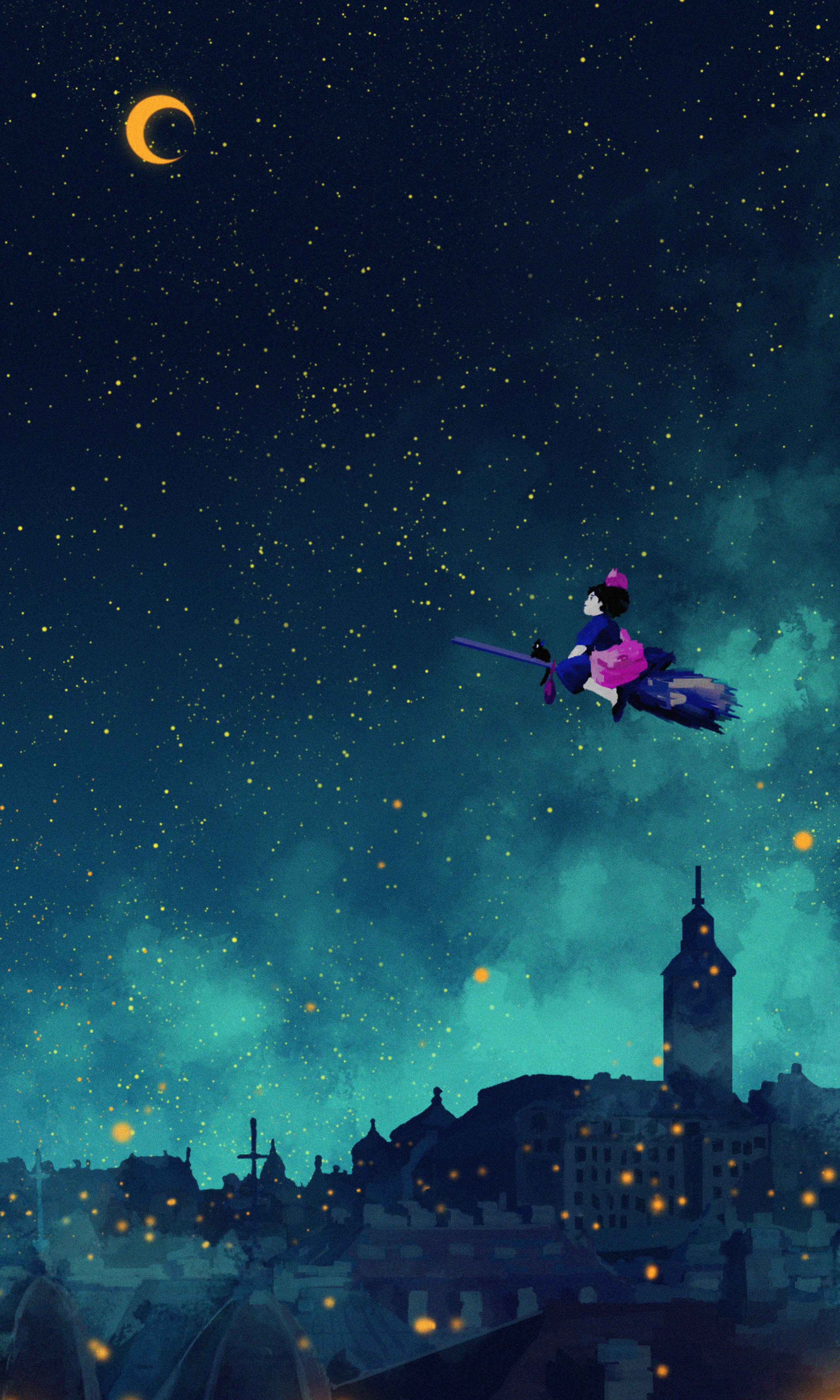 A young witch flying home from a late night delivery.