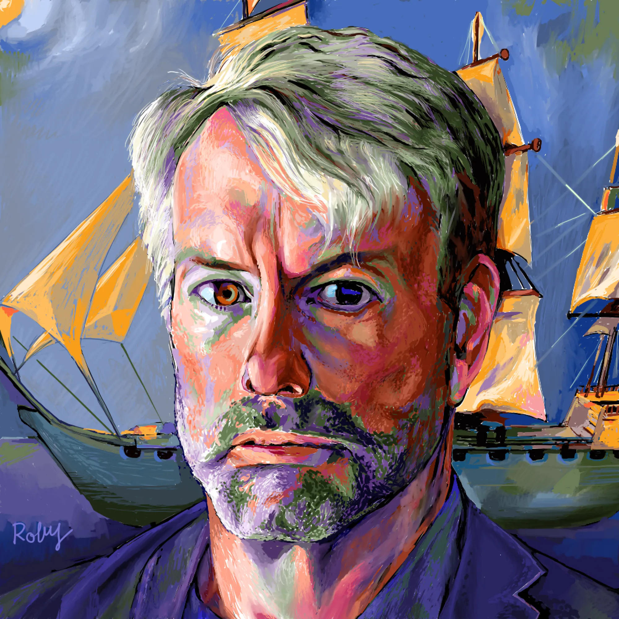 Portrait of the American entrepreneur and Bitcoin evangelist Michael J. Saylor, Co-founder and CEO of MicroStrategy.

This is a face charged with a wild vitality that is symbolized by the green, vitality of a person who does not willingly submit to pre-established rules, but prefers to make his own. The gaze is penetrating on one side but very deep on the other, there is an eye that is a well and one that is a spring, so there is a balance between the two. I've used many colors and I have tried to harmonize them in such a way that there is an eloquent mixture of the latter. Many virtues of the painter are reduced to how to make the colors fit together that allow a narrative very complete, but in such a way that this narrative is consistent and does not result in a "Harlequinade". In the background is painted a three-decker vessel that often appears behind Mr. Saylor during his interviews and that I have reinterpreted in my own way.

1/1 NFT by Siapou, 2000x2000 pixels, 300dpi.
