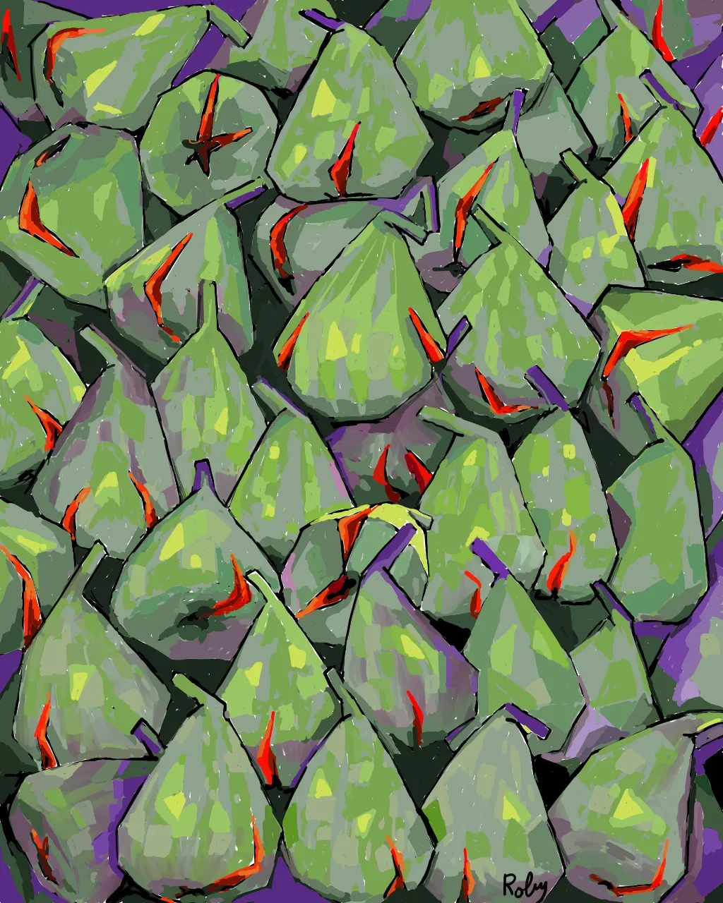 Representation of figs in cubist style, the color palette used is composed only of greens, purples and reds, the goal sought-after is the chromatic balance.

Edition 1/1 of an original artwork by Siapou.

Created on CSP, 2021. 1024x1280 pixels, 300 dpi,