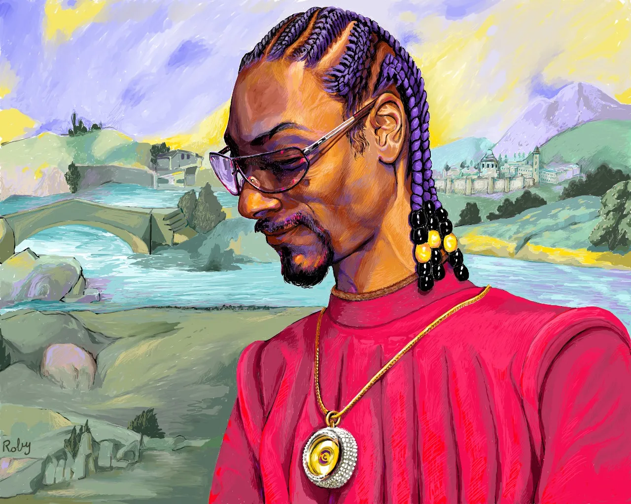 "One king one faith one religion and if you love me come and join the NFT revolution".

Made in honor of Snoop Dogg for his 50th birthday.

The toga with its colors is inspired by the clothes worn by those who were part of the Medici family and the Florentine nobility during the Renaissance. The portrait is inspired by a photo I consider particularly suggestive of the subject depicted in this artwork.

I decided to paint the hair purple, the colour of spiritual power, in order to emphasise the complexion of the subject. I tried to give the hairstyle a characteristic of absoluteneness and to reproduce the pendant in its magnificence. The subject has been interpreted with a more hieratic posture to give him an aura of majesty, but it seems he could move and speak at any moment. In my portraits, I always start from the skull, like the Renaissance painters. The background is a reinterpretation of a 16th century landscape painted by the famous Italian painter Raffaello.

1/1 NFT, 300 dpi.